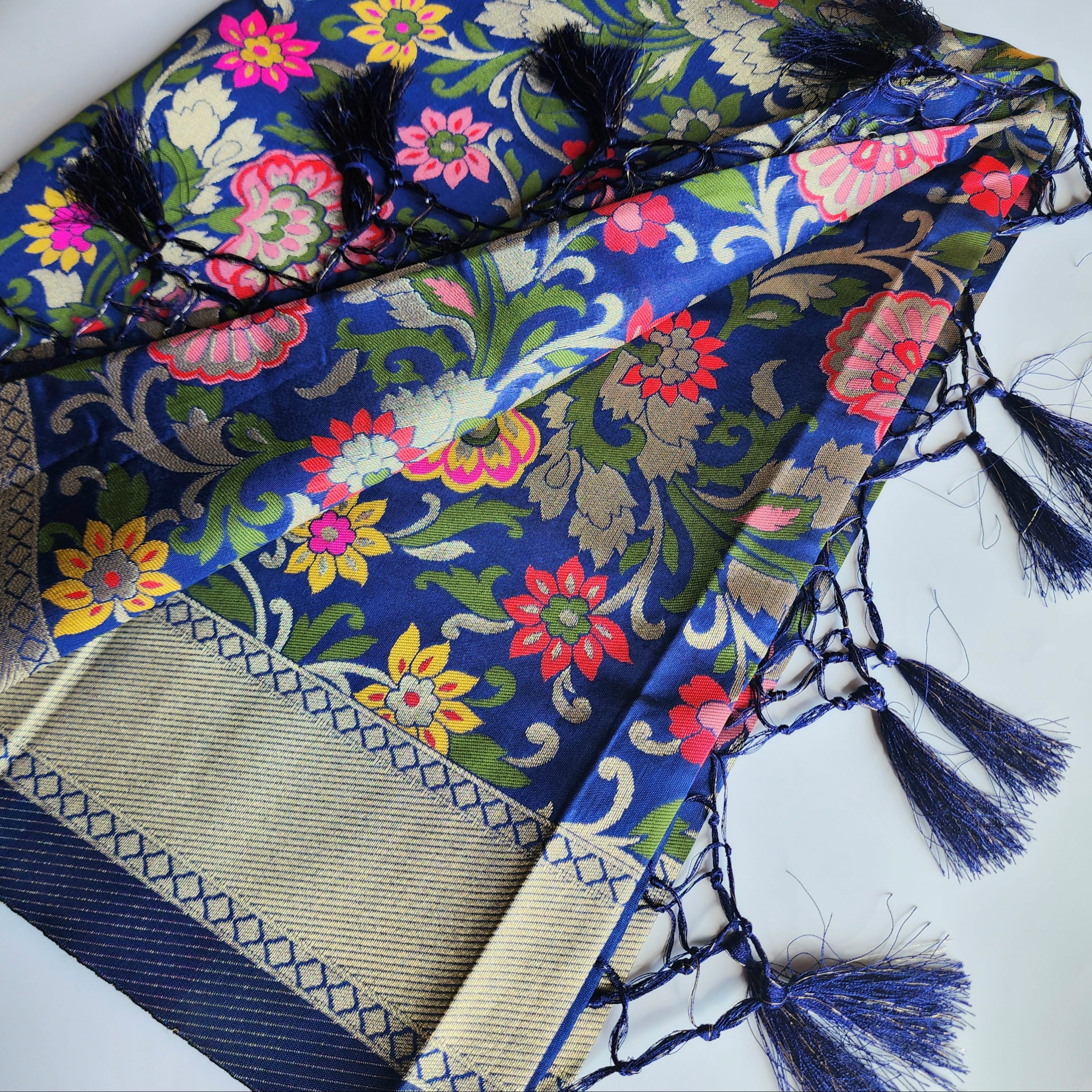 Banarasi Silk Navy Blue Dupatta with Multicolor & Gold Floral Handweaving