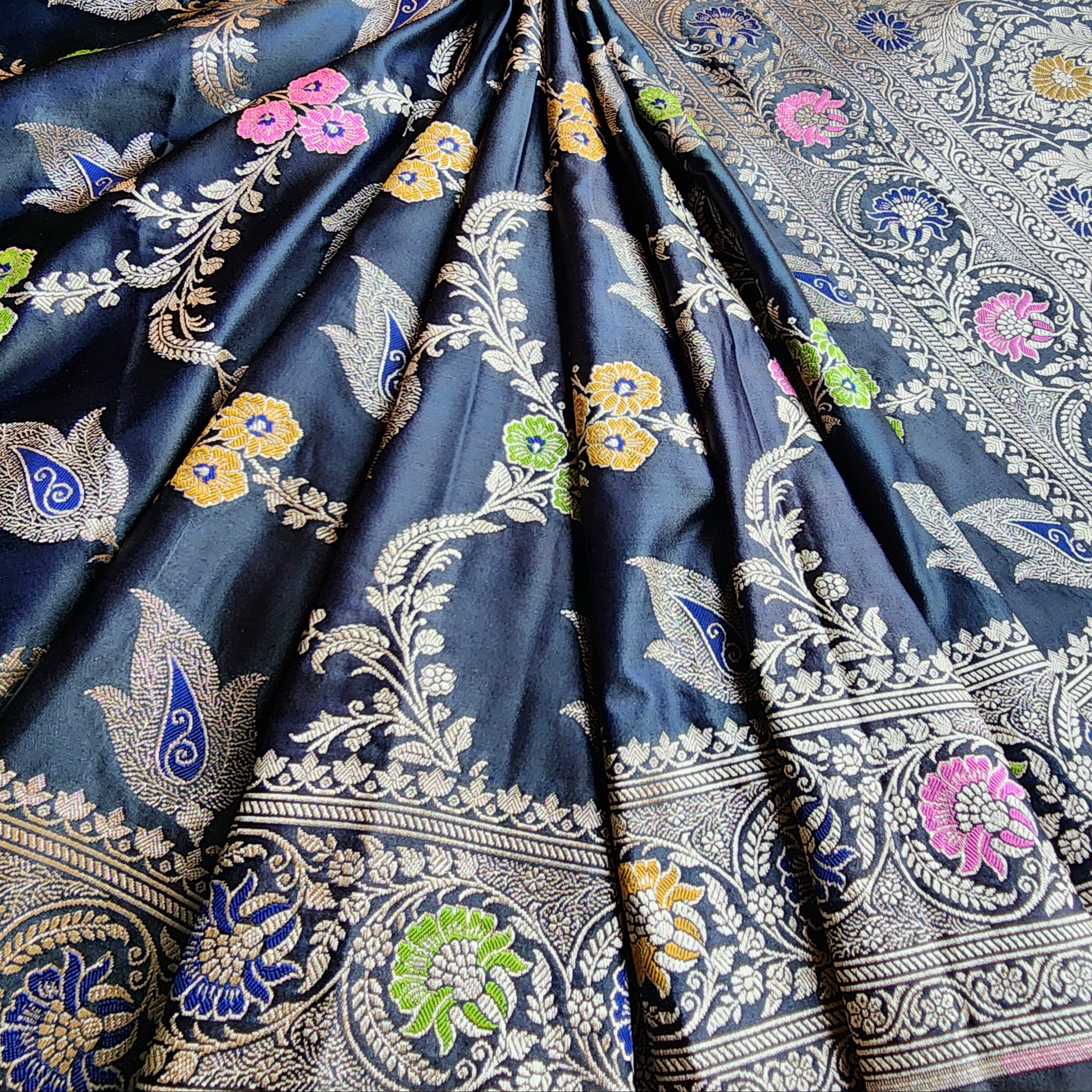 Enriched Midnight Blue Banarasi Katan Silk Saree with Multicolor Meenakari Floral Jaal