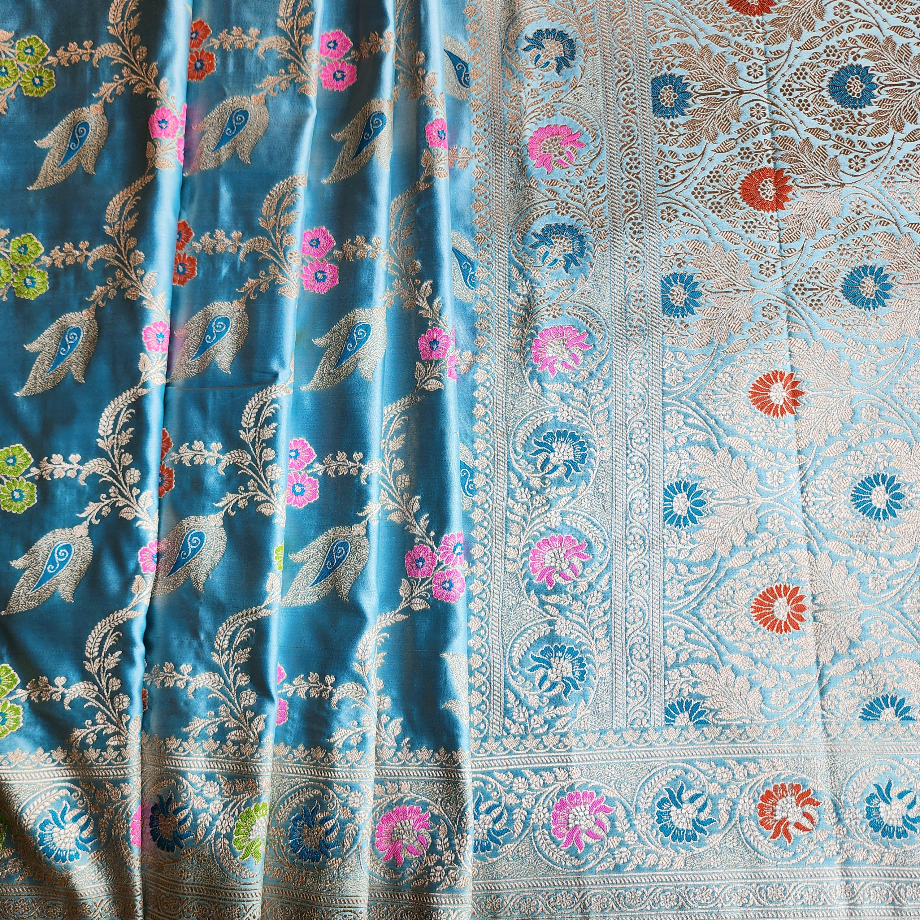 Enriched Powder Blue Banarasi Katan Silk Saree with Multicolor Meenakari Floral Jaal