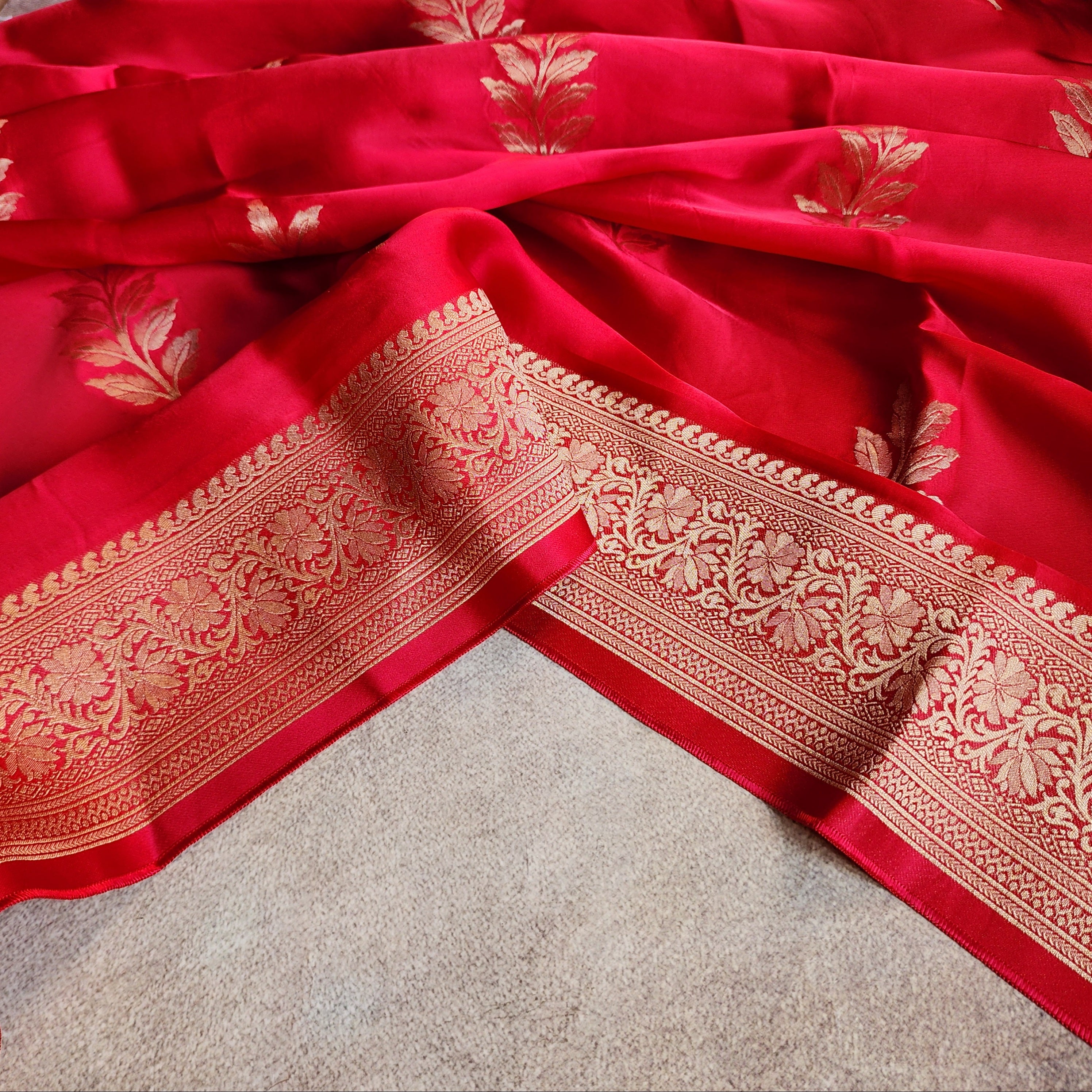 Bright Red Mashru Katan Silk Saree with Gold Weave
