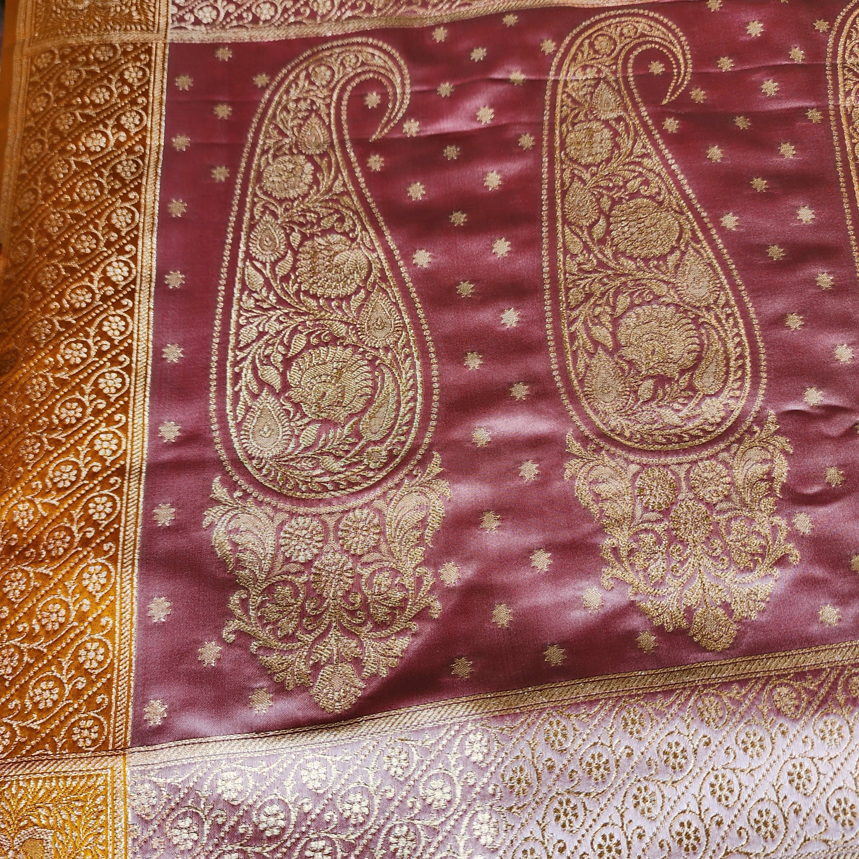 Dusty Rose Katan Silk Saree with Mustard Yellow Gold Zari Border