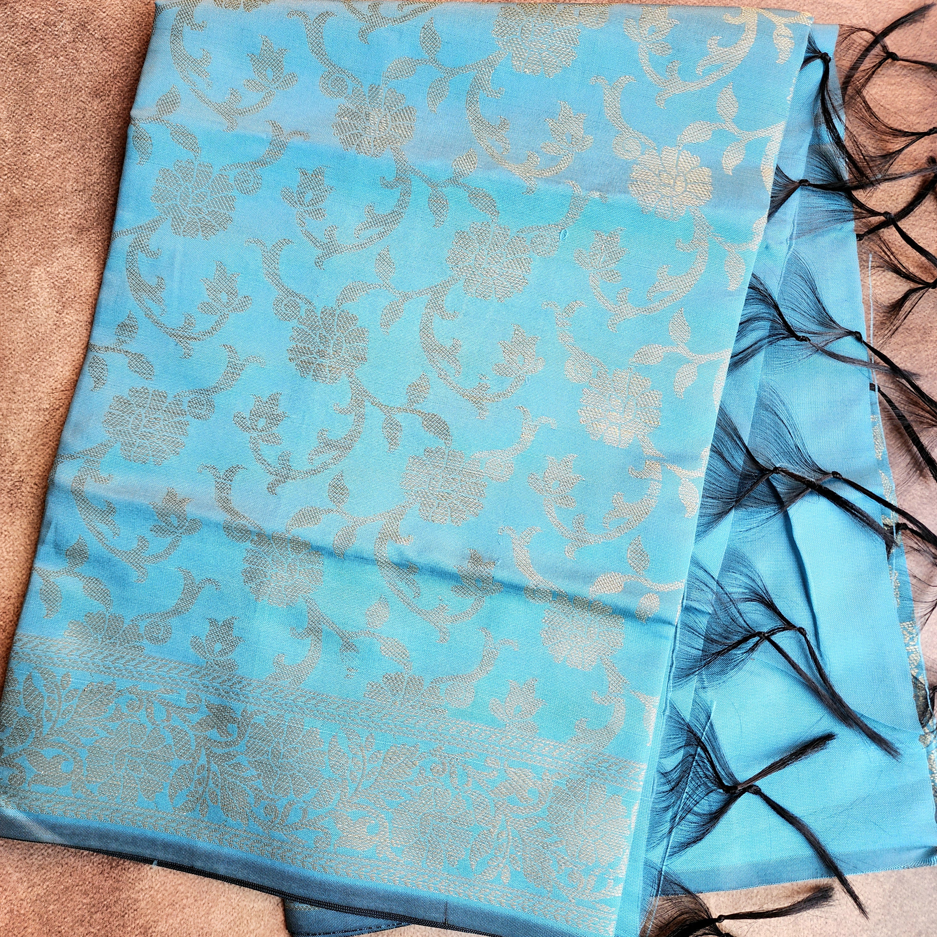 Aqua Blue Banarasi Tapetta Silk Dupatta with Gold Floral Weave