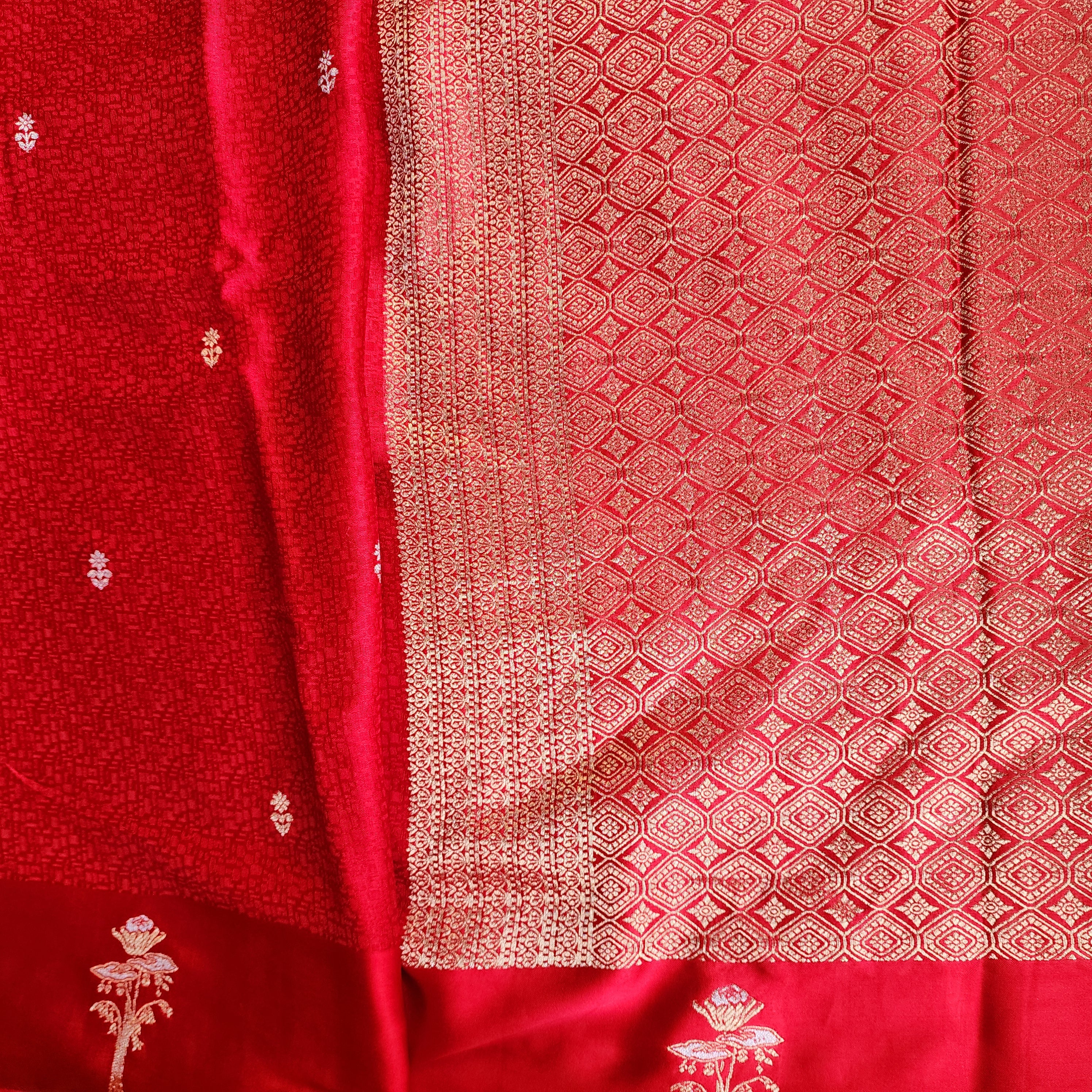 Crimson Red Mashru Tanchoi Saree with Gold Zari