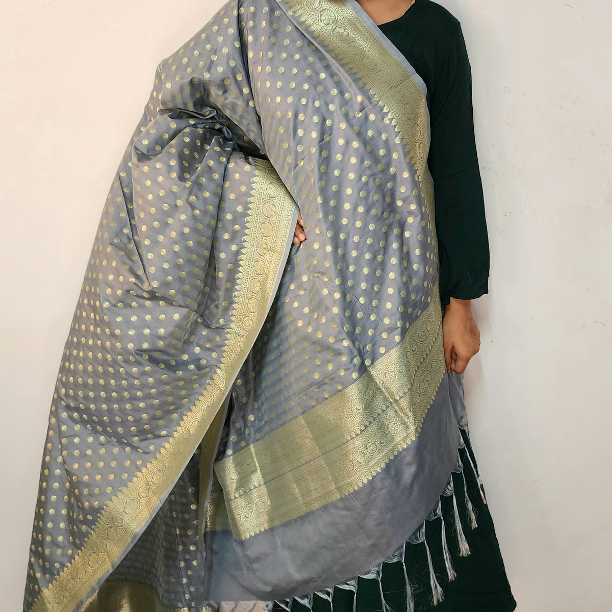 Slate Blue Banarasi Silk Dupatta with Gold Polka Dot