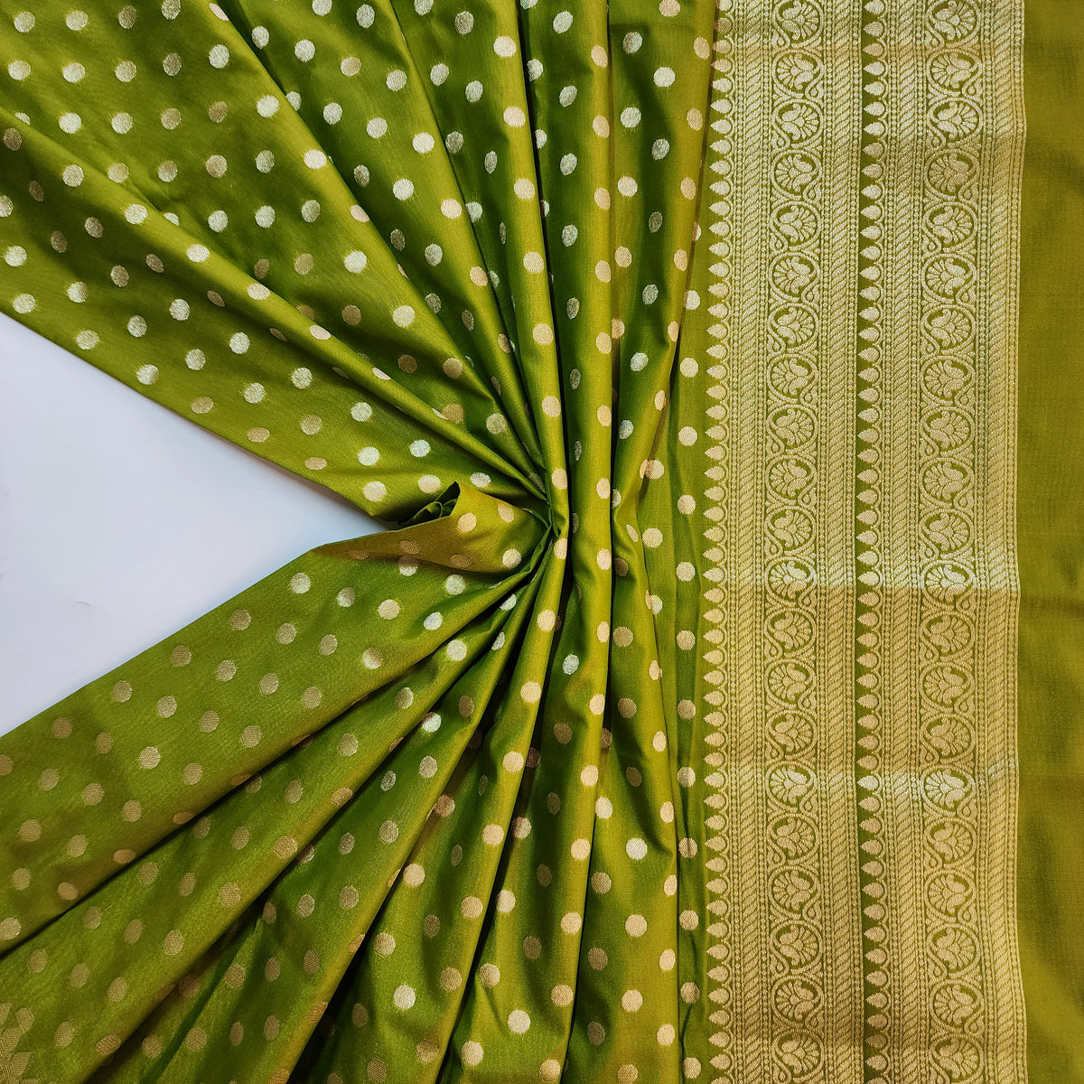 Olive Green Banarasi Silk Dupatta with Gold Polka Dot