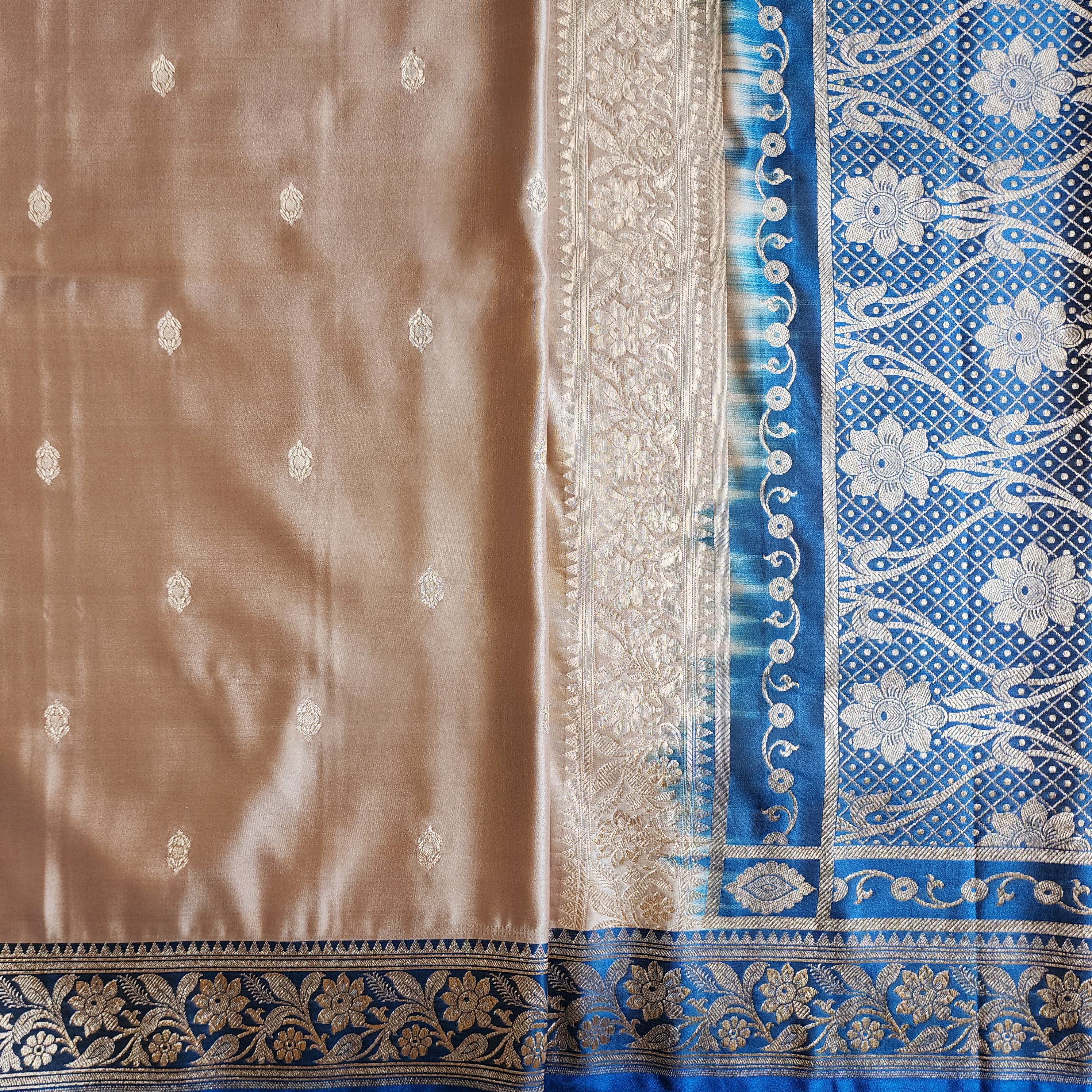 Champagne Beige Katan Silk Saree with Royal Blue and Gold Zari Border