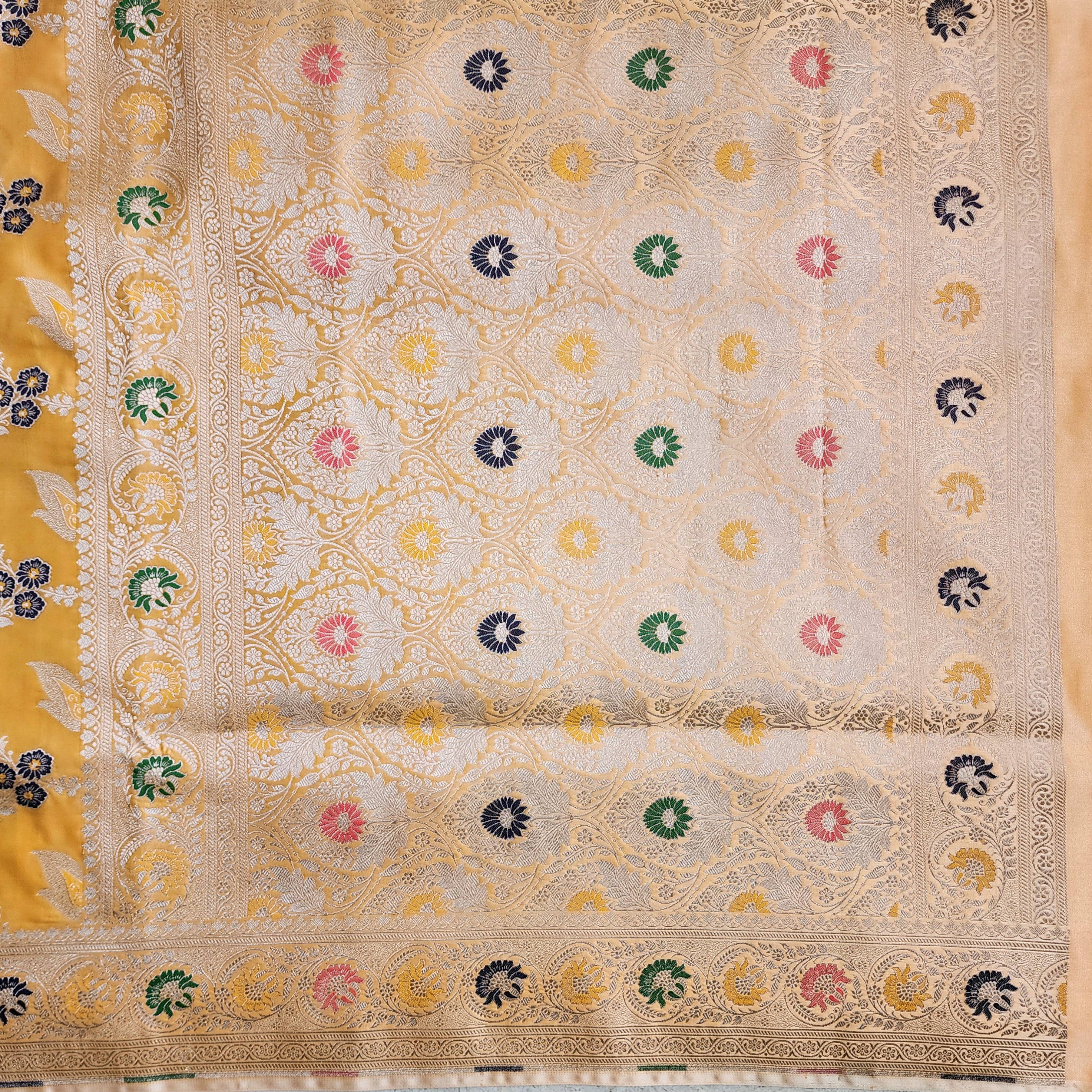 Enriched Light Orange Banarasi Katan Silk Saree with Multicolor Meenakari Floral Jaal