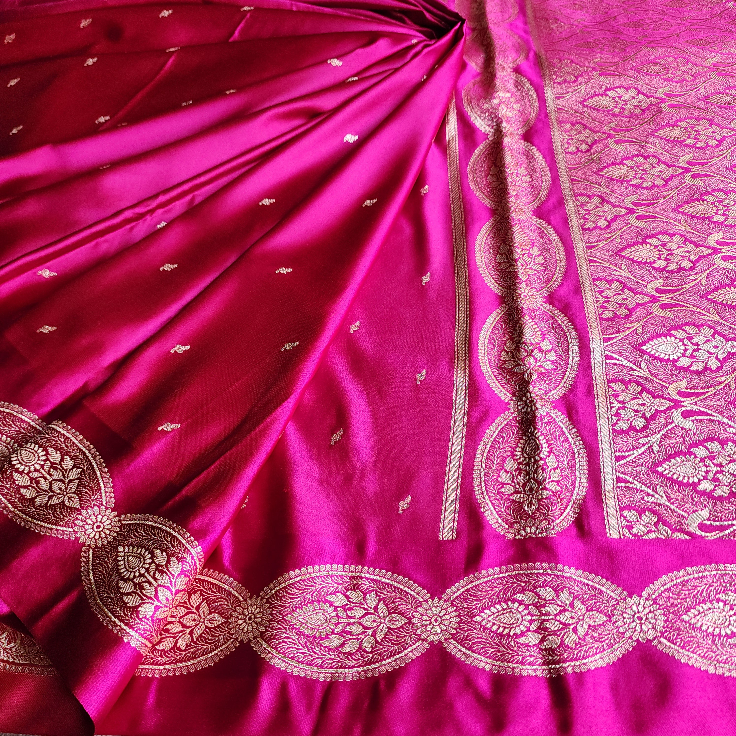 Bright Pink Pure Banarasi Katan Silk Saree with Gold Zari Weaving