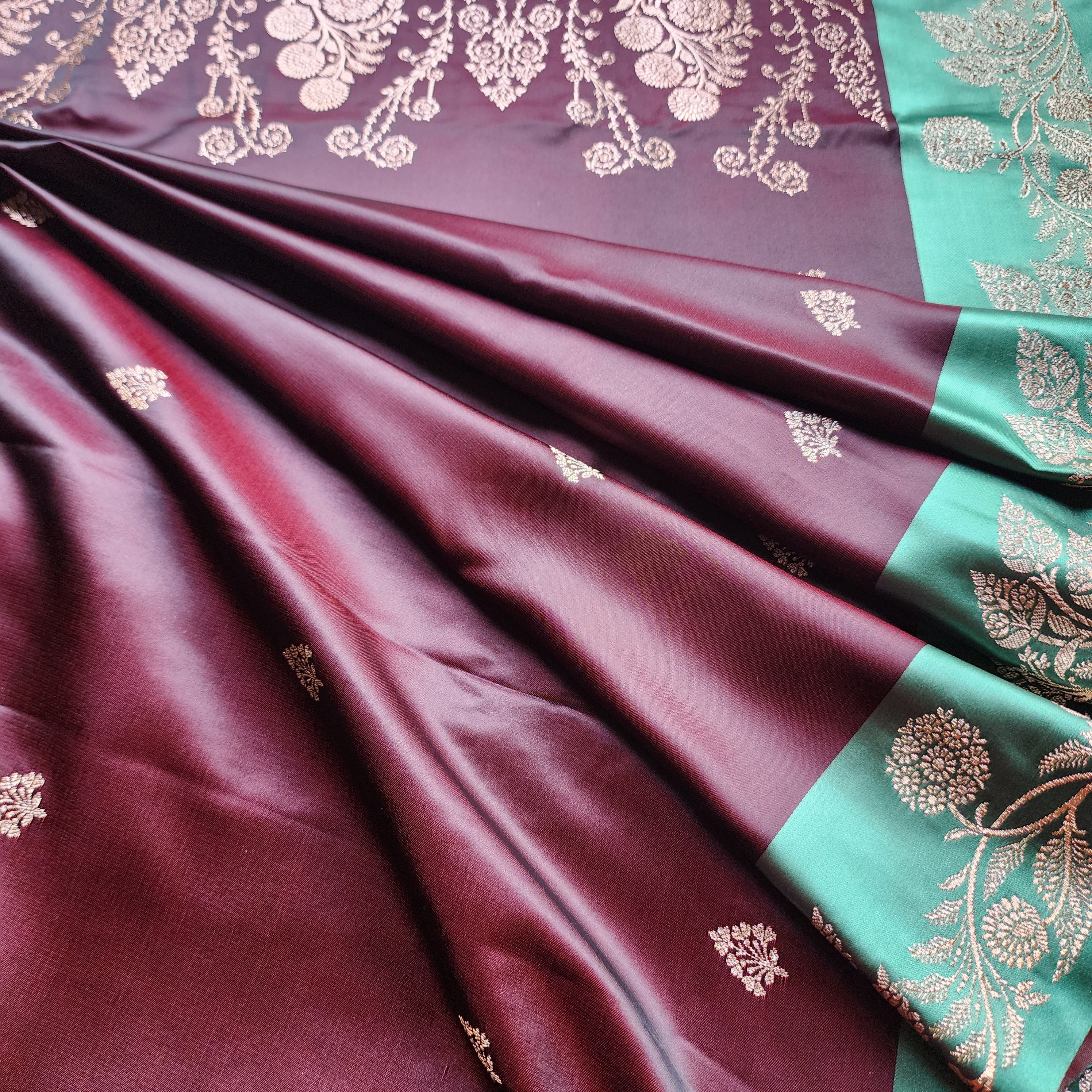 Chocolate Brown Pure Banarasi Katan Silk Saree with Sea Green Border