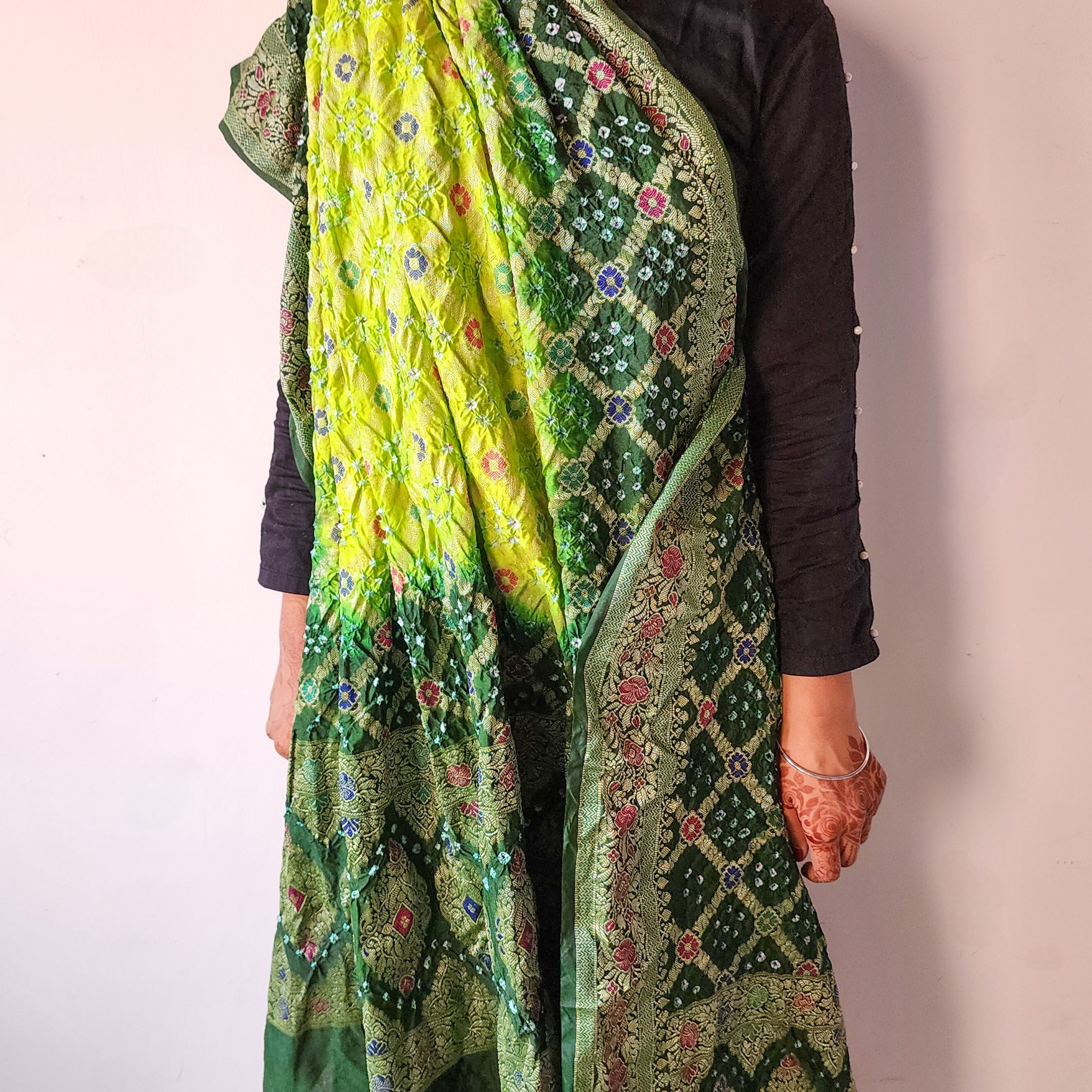 Dual-Tone Green Bandhni Dupatta with Golden Border & Banarasi Meenakari Work