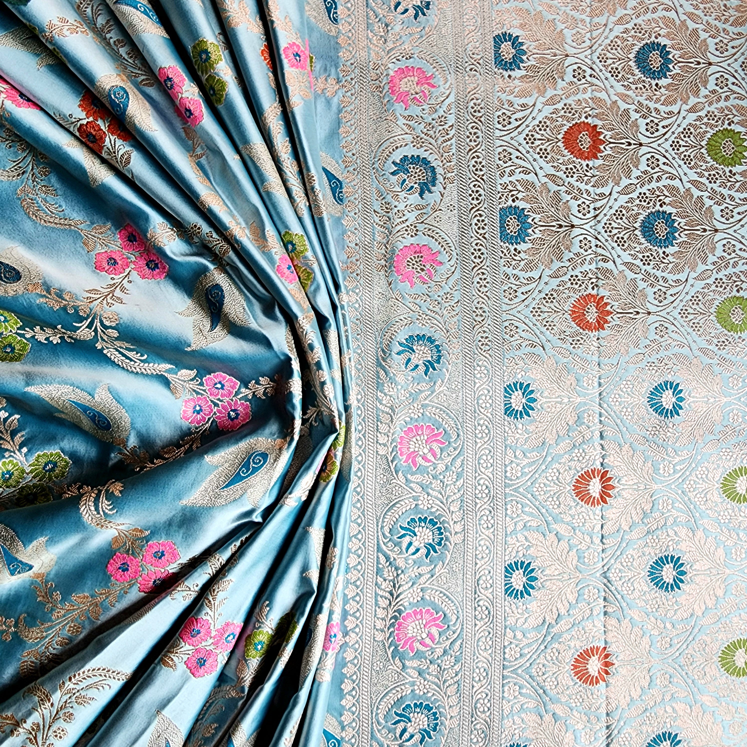 Enriched Powder Blue Banarasi Katan Silk Saree with Multicolor Meenakari Floral Jaal