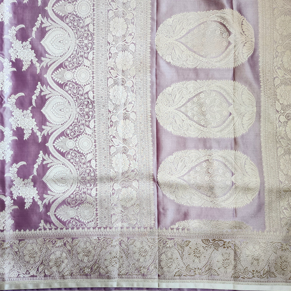 Dusty Lilac Banarasi Katan Silk Saree with Floral Vine Jaal