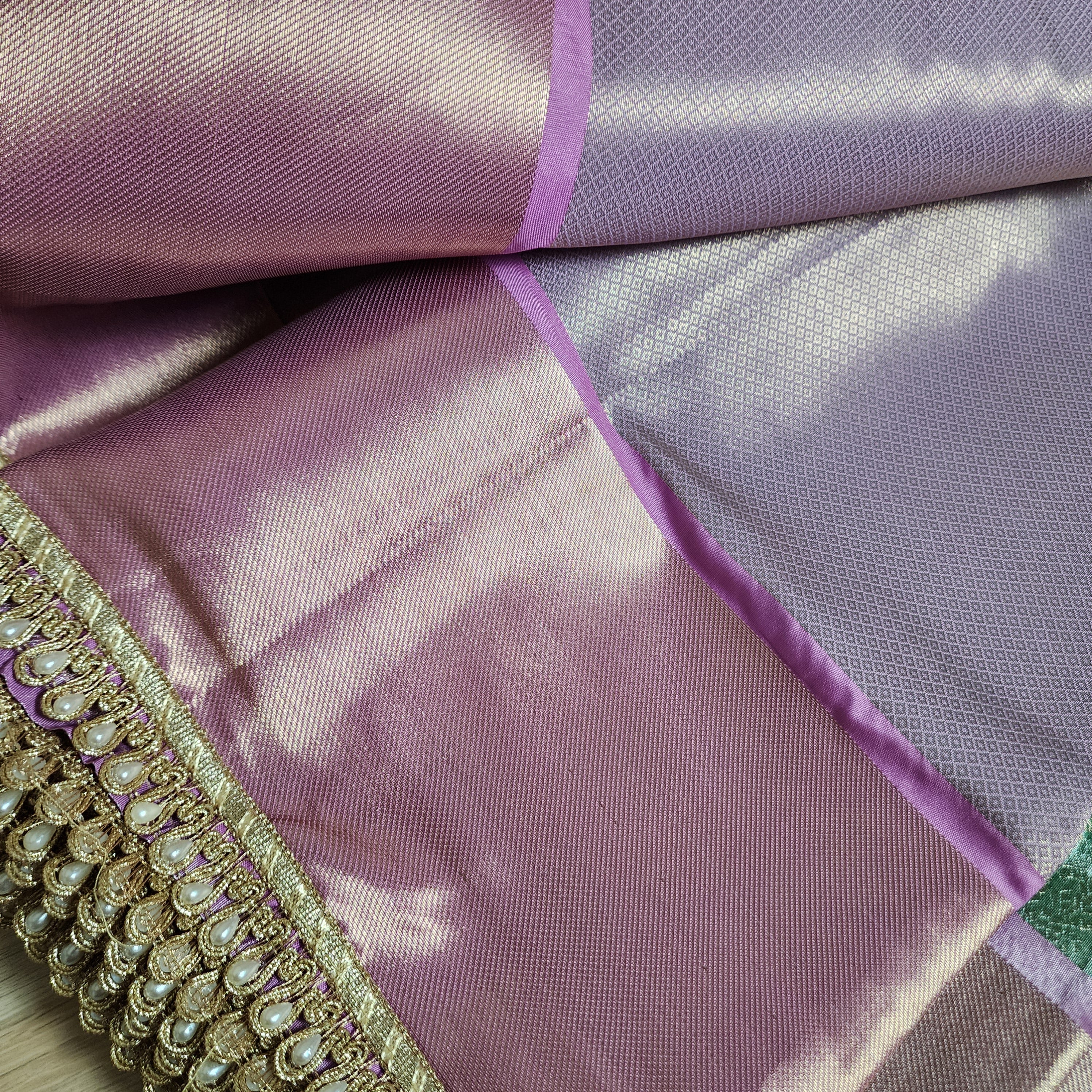 Pastel Sea Green and Pink Brocade Tissue Saree with beaded lace work