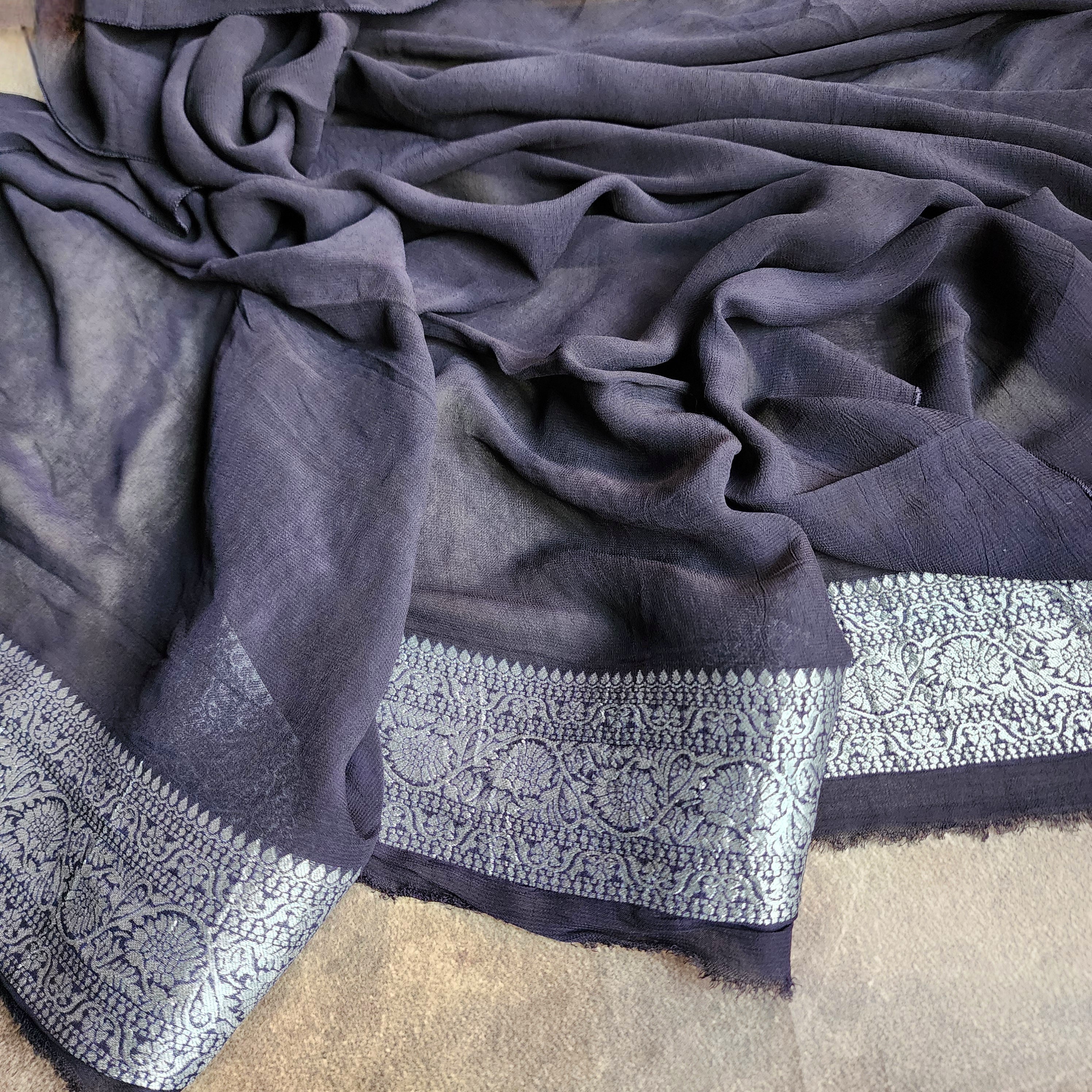 Iconic Black Khaddi Georgette Pure Banarasi Saree with Intricate Silver Zari
