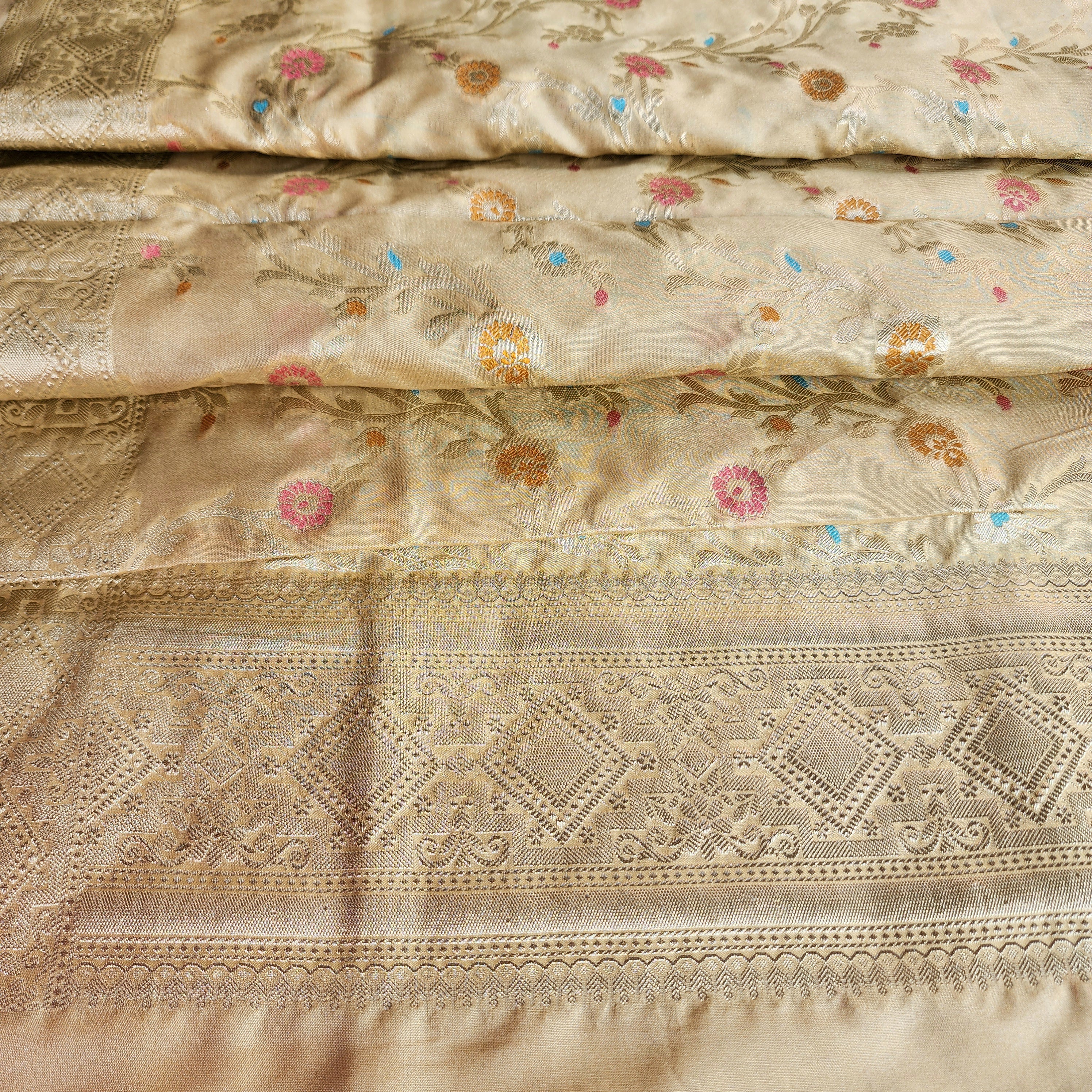 Golden Grid Banarasi Silk Dupatta with Meenakari Work in Beige