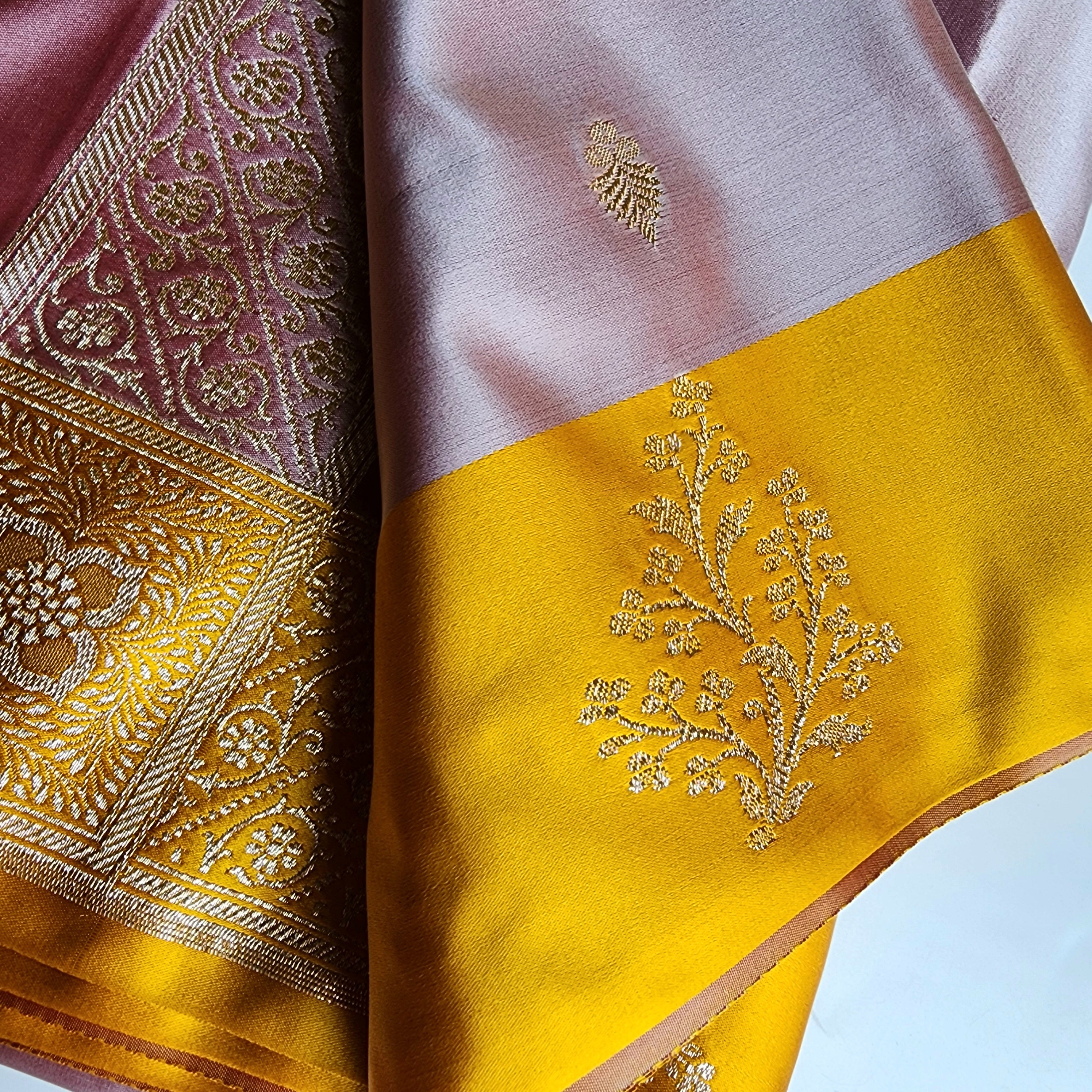 Dusty Rose Katan Silk Saree with Mustard Yellow Gold Zari Border