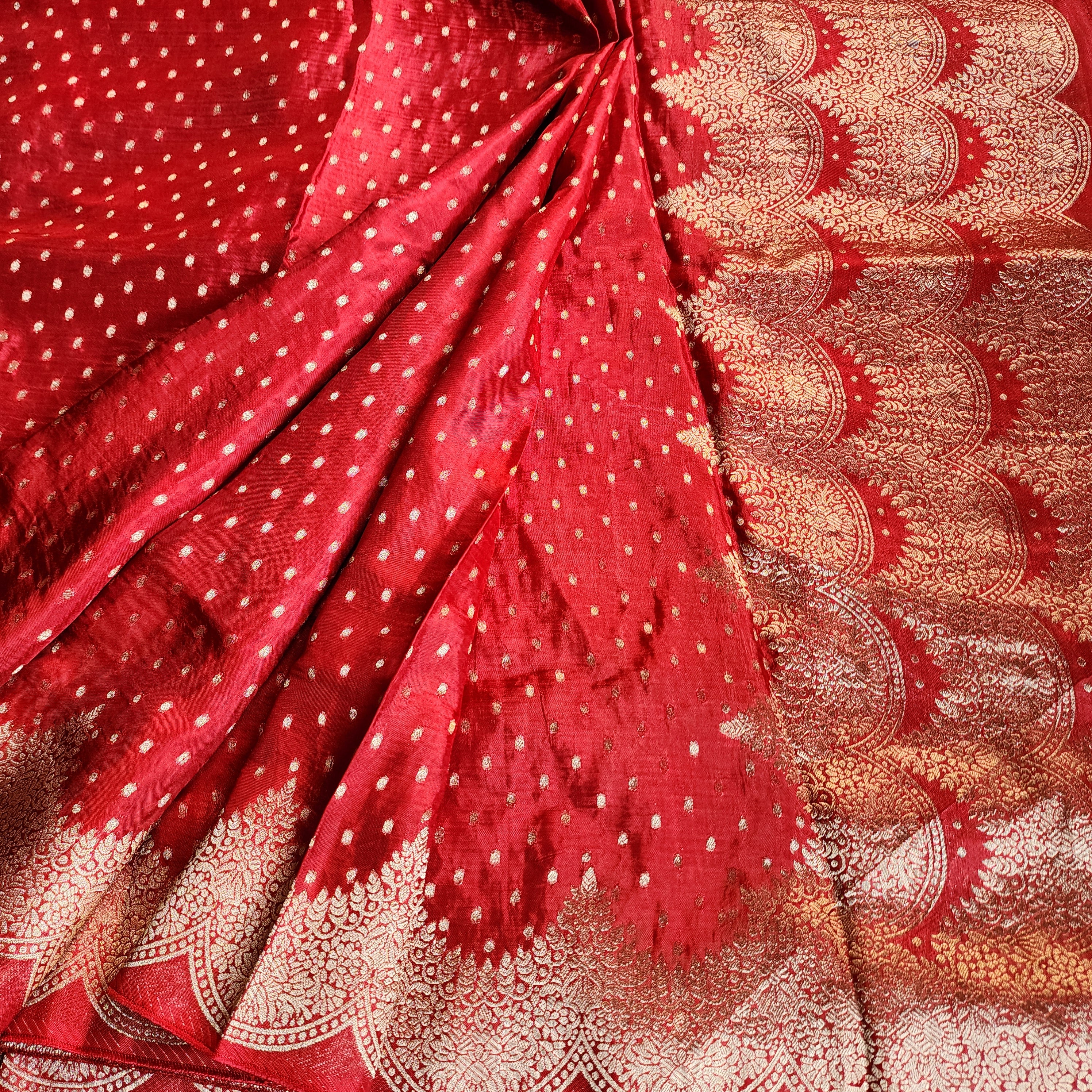 Deep Red Muslin Silk Saree with Cream Border
