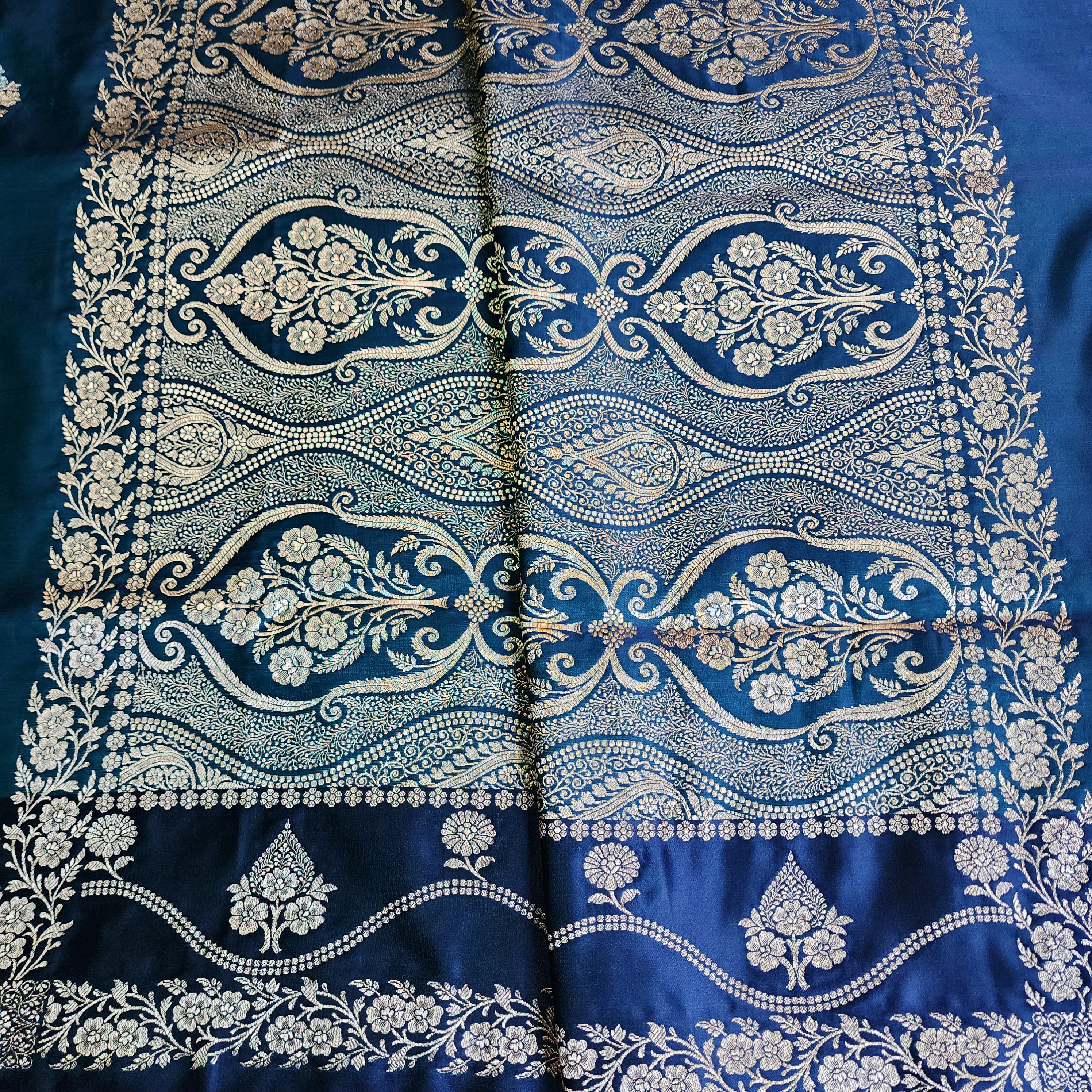 Dual-Tone Peacock Blue Pure Banarasi Katan Silk Saree
