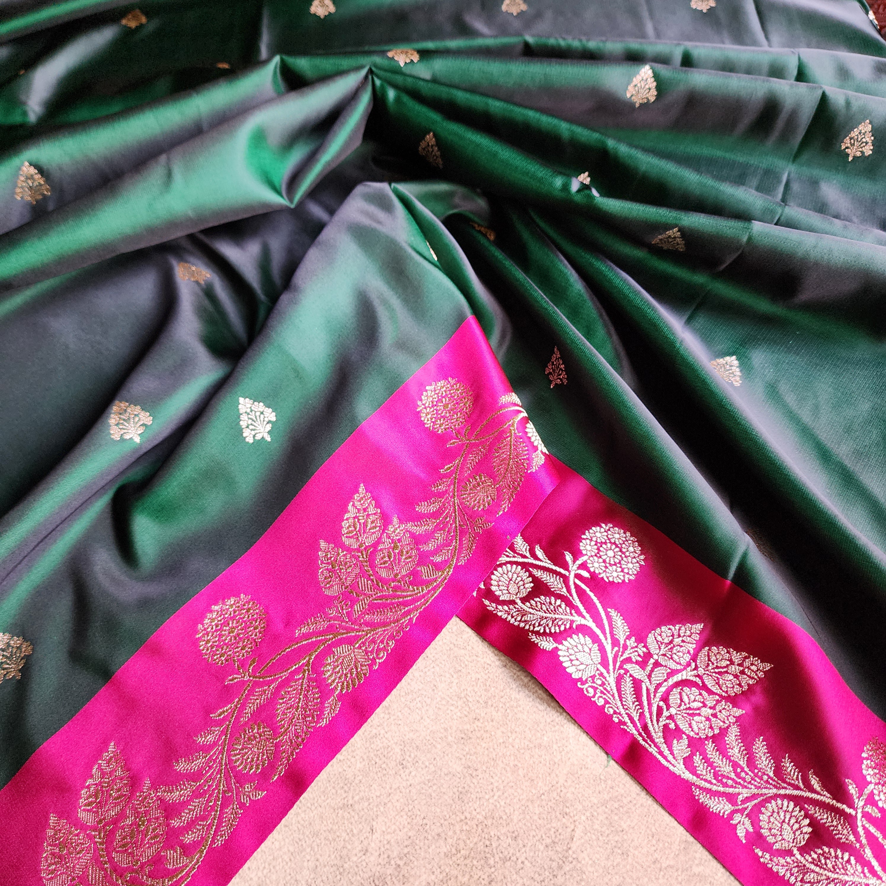 Emerald Green Pure Banarasi Katan Silk Saree with Bright Pink Border