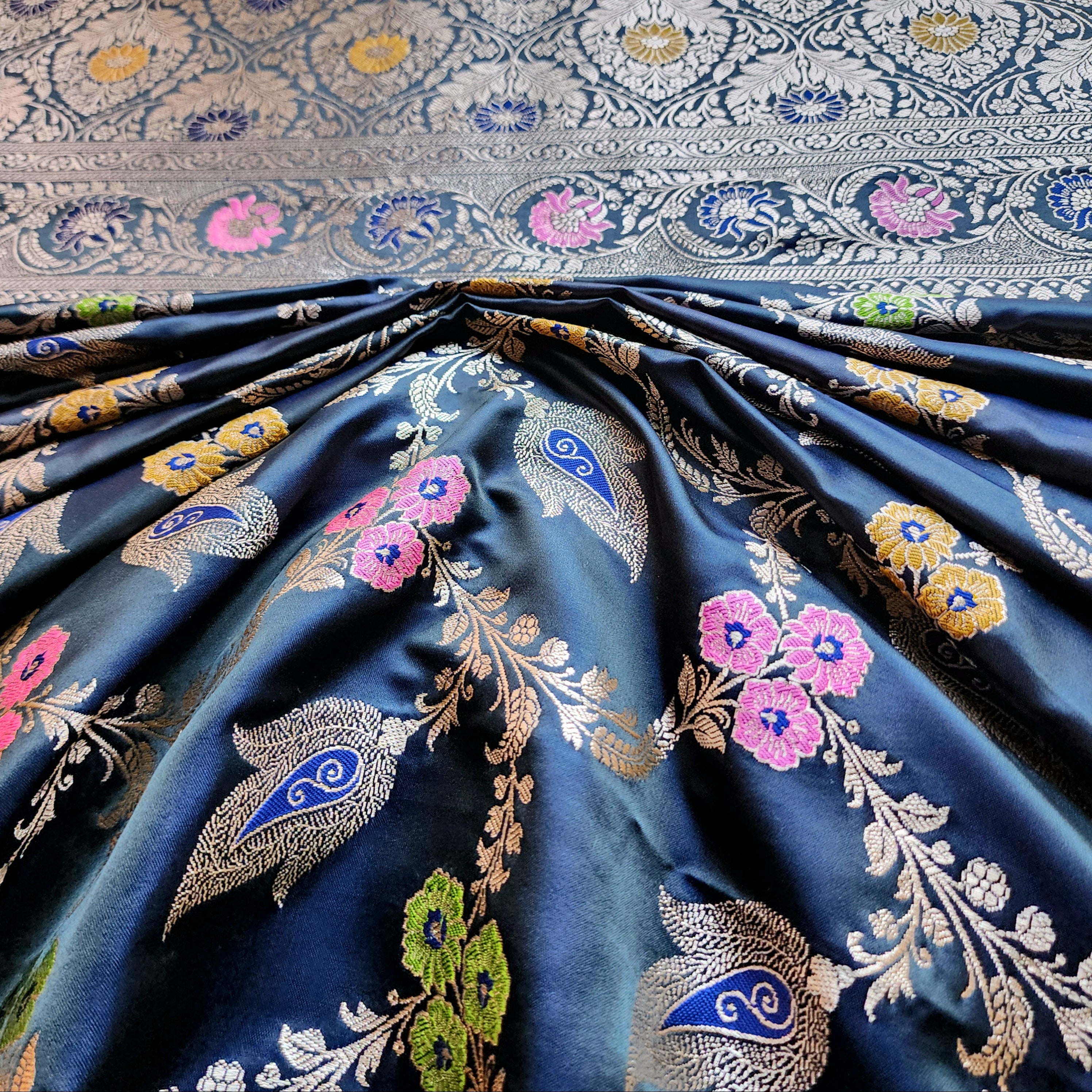 Enriched Midnight Blue Banarasi Katan Silk Saree with Multicolor Meenakari Floral Jaal