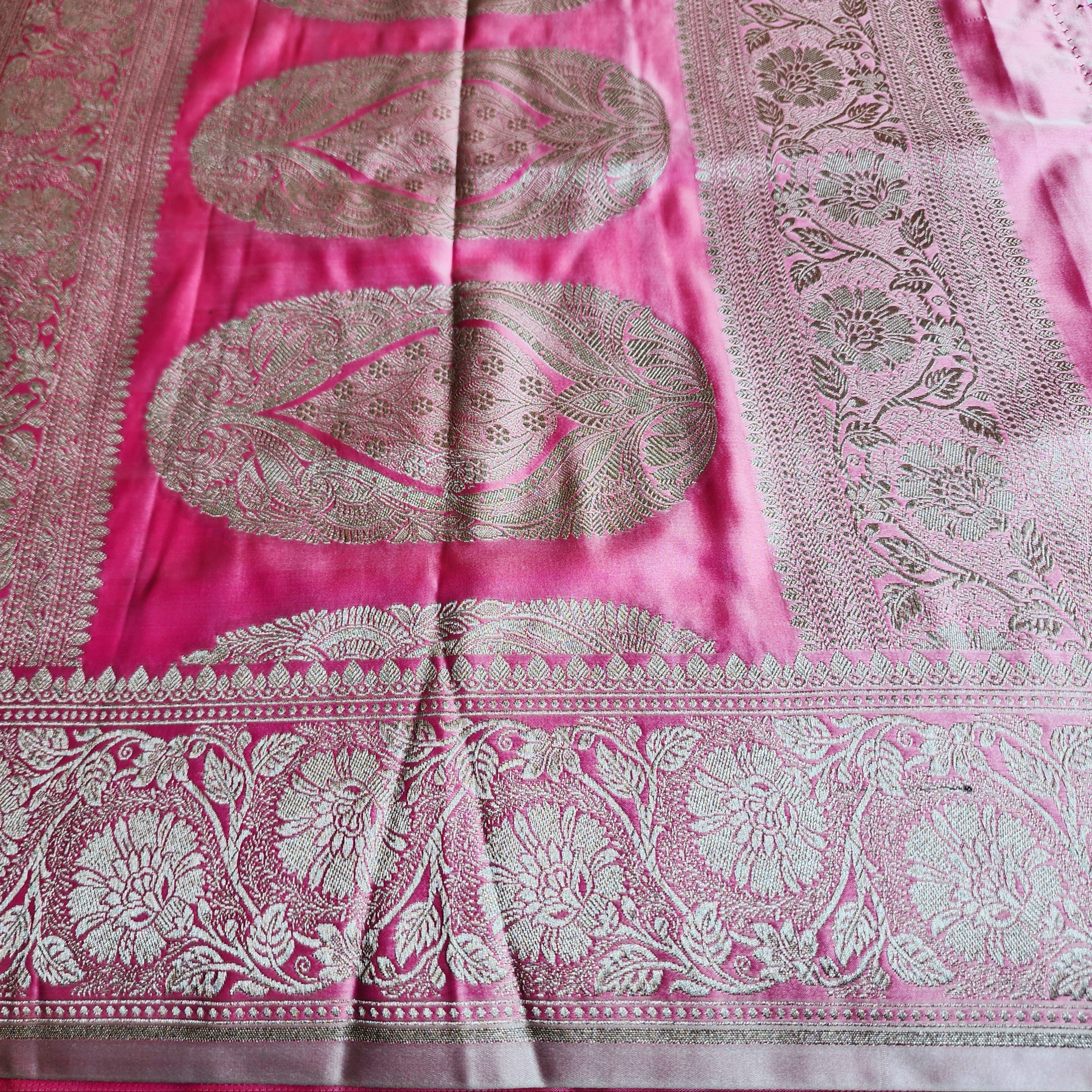 Pastel Candy Pink Banarasi Katan Silk Saree with Light Gold Zari weaving