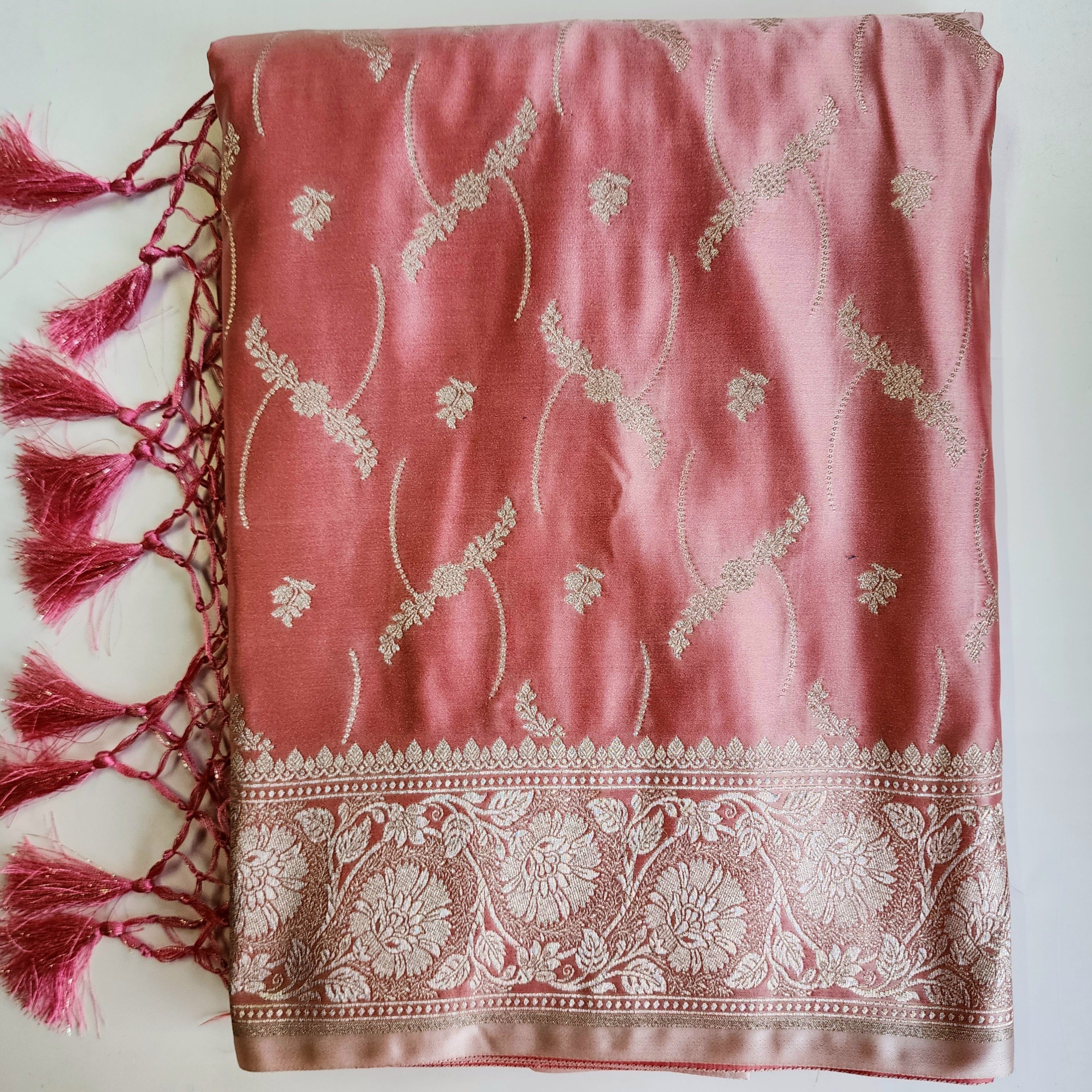 Pastel Baby Pink Banarasi Katan Silk Saree with Light Gold Zari weaving