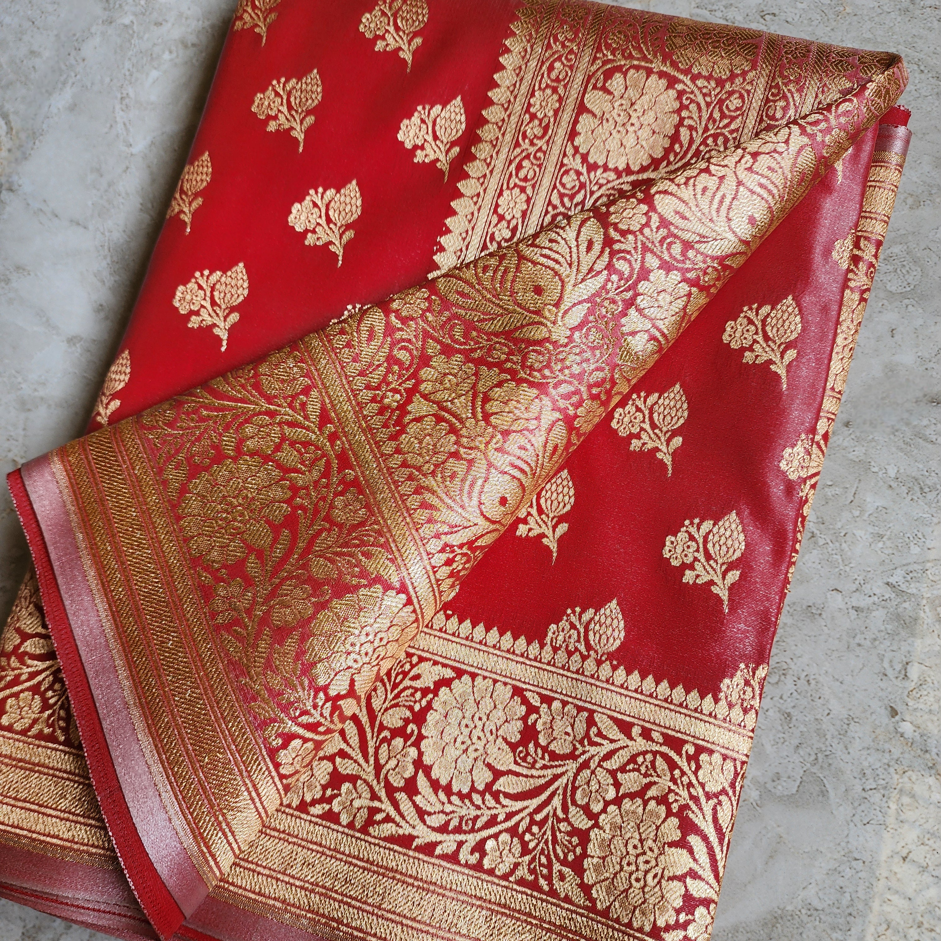 Rich Red Banarasi Silk Saree with Gold Zari Weaving