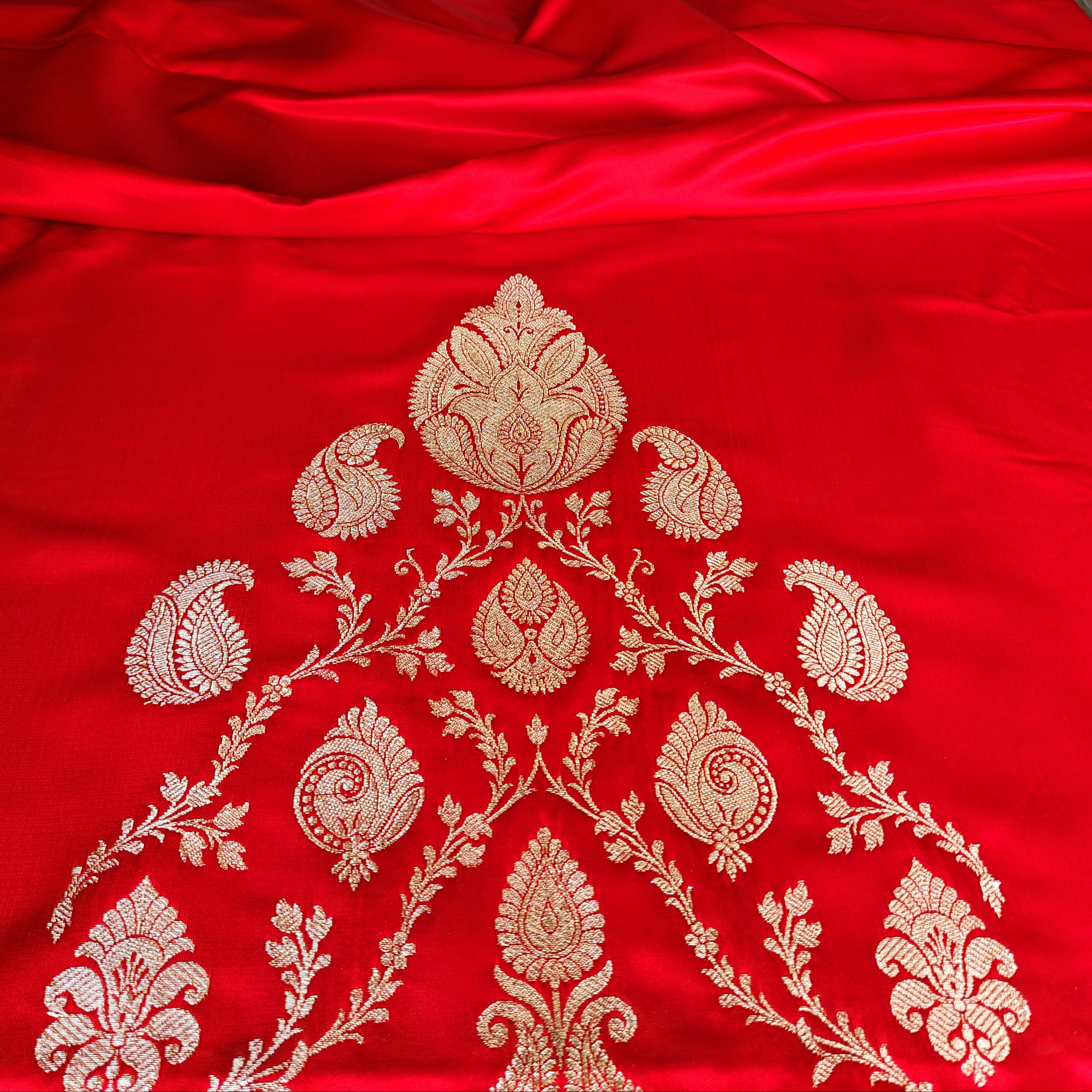 Rich Vermilion Red Pure Banarasi Katan Silk Saree with light Gold Zari Weaving