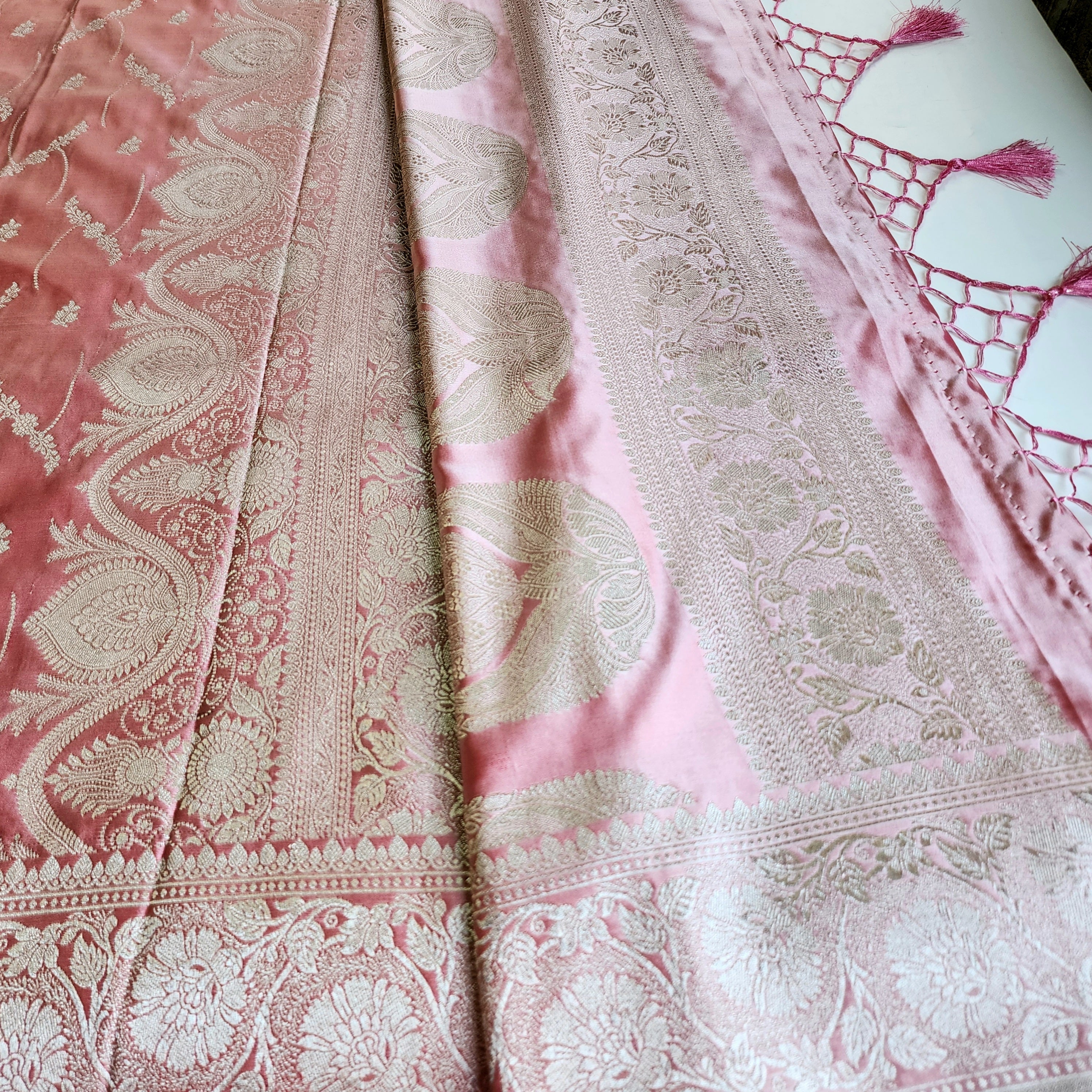 Pastel Baby Pink Banarasi Katan Silk Saree with Light Gold Zari weaving