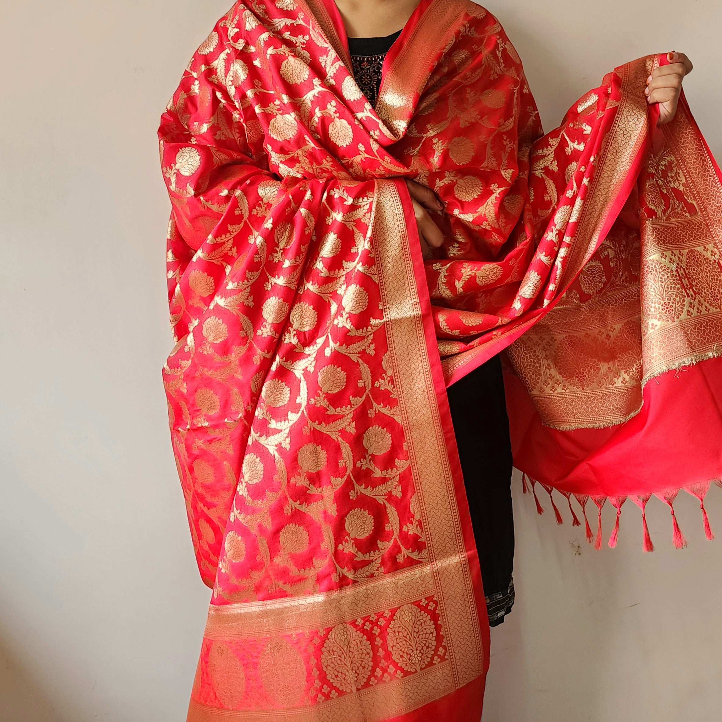 Red Banarasi Dupatta - Zari Blossom Motifs