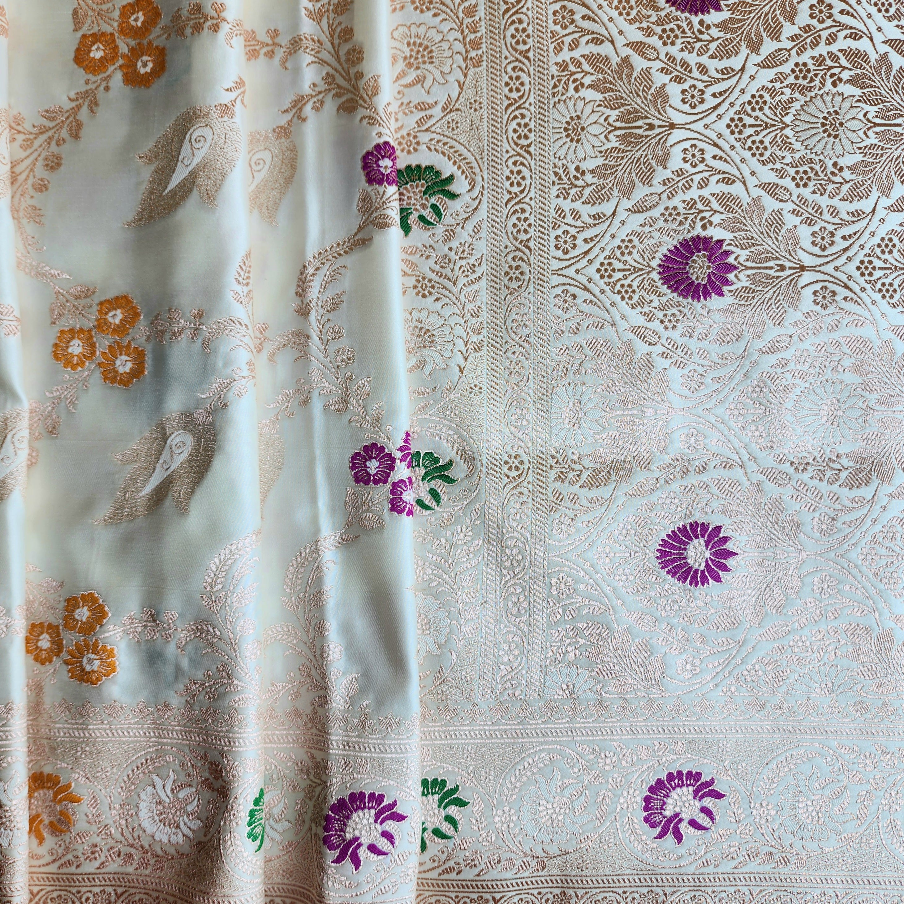 Enriched White Banarasi Katan Silk Saree with Multicolor Meenakari Floral Jaal