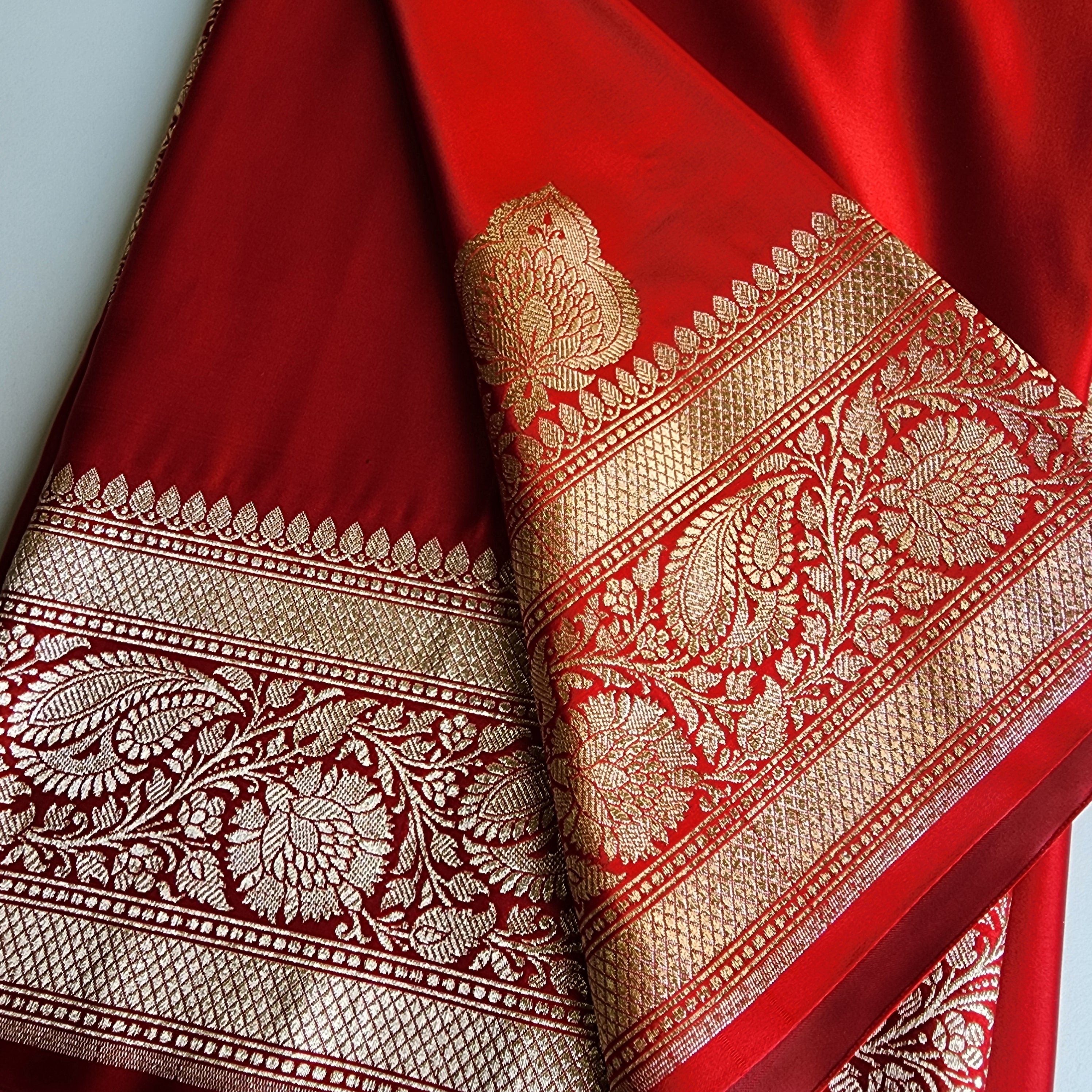 Rich Ruby Red Pure Banarasi Katan Silk Saree with light Gold Zari Weaving