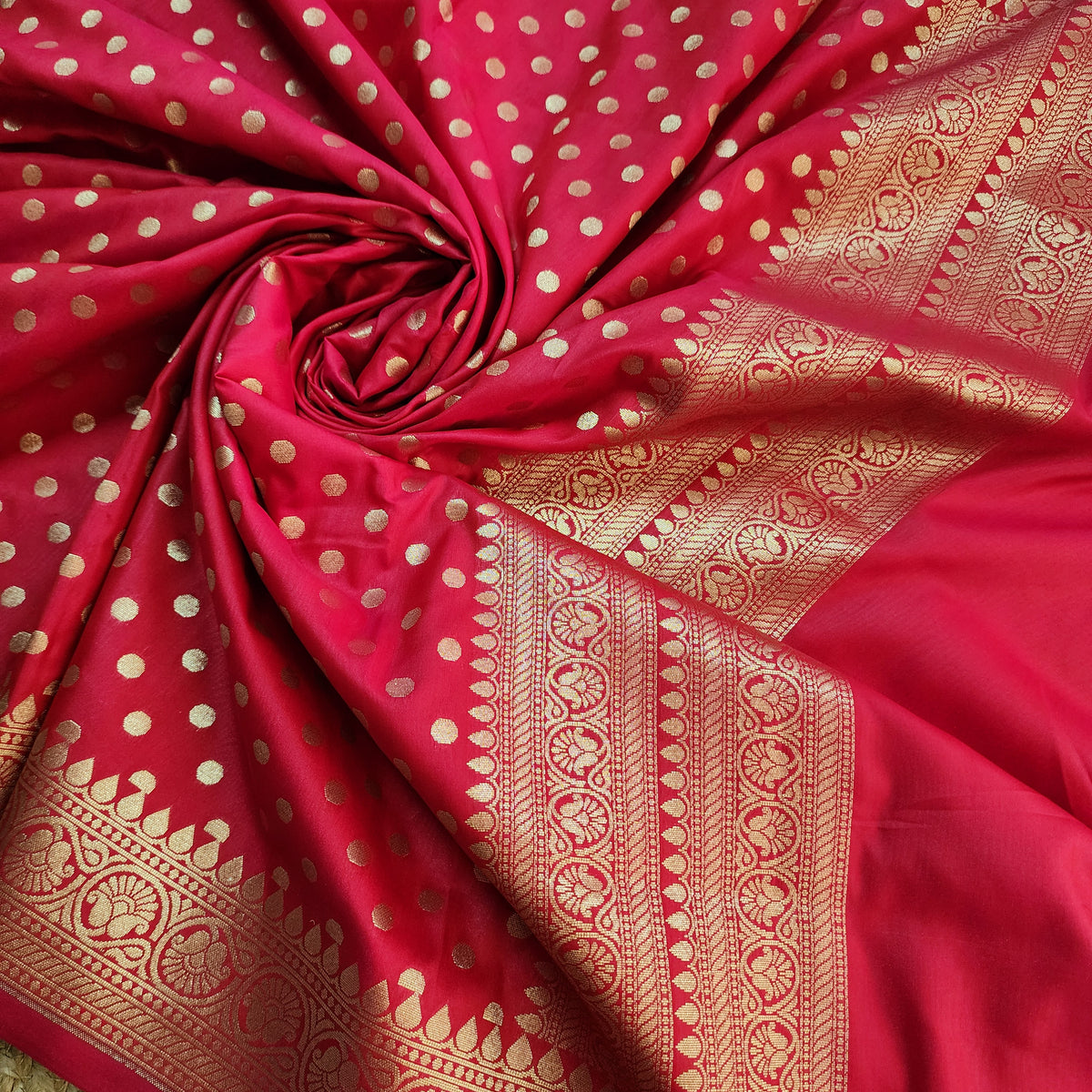 Fuchsia Banarasi Silk Dupatta with Gold Polka Dot
