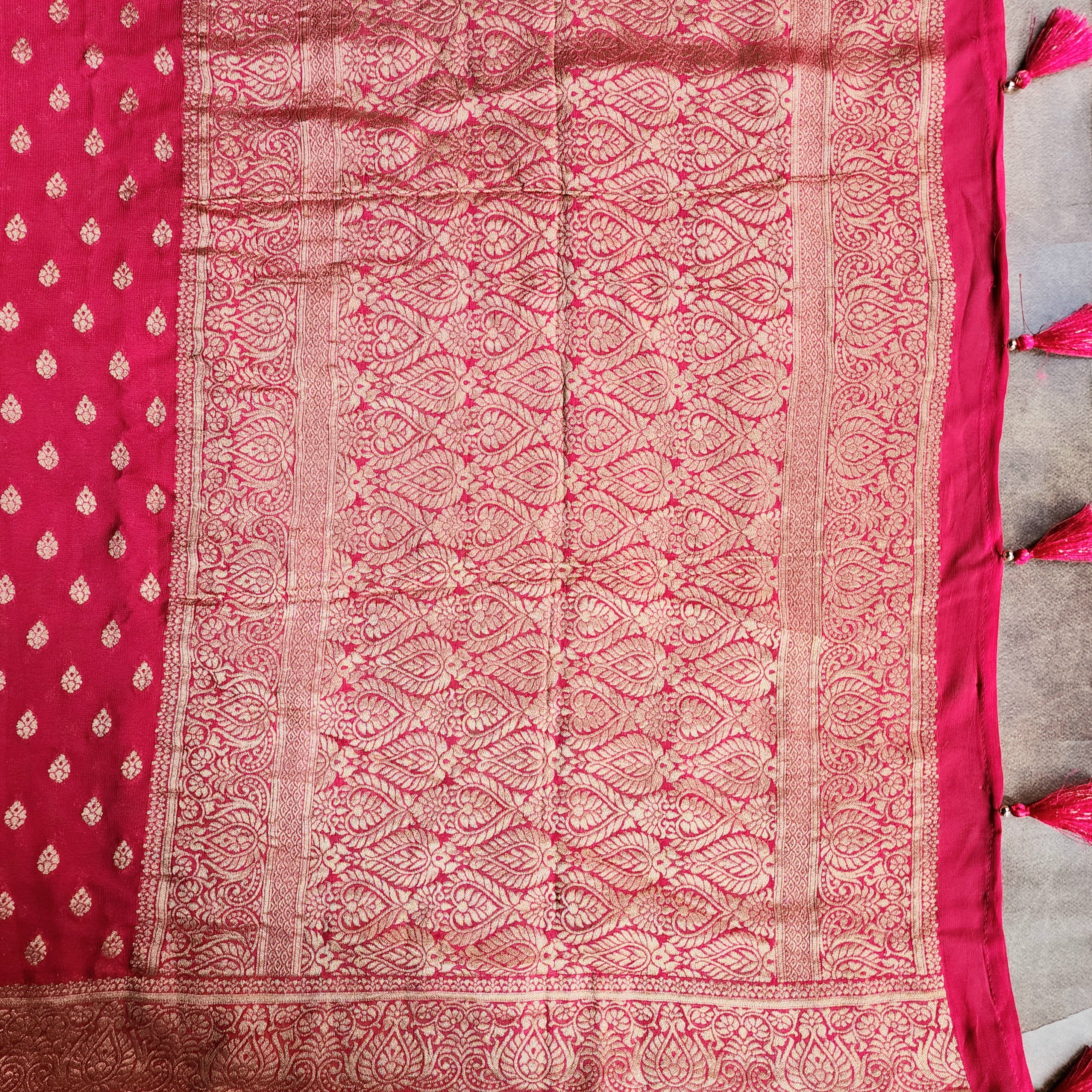 Radish Pink Khaddi Georgette Pure Banarasi Saree with Golden Zari