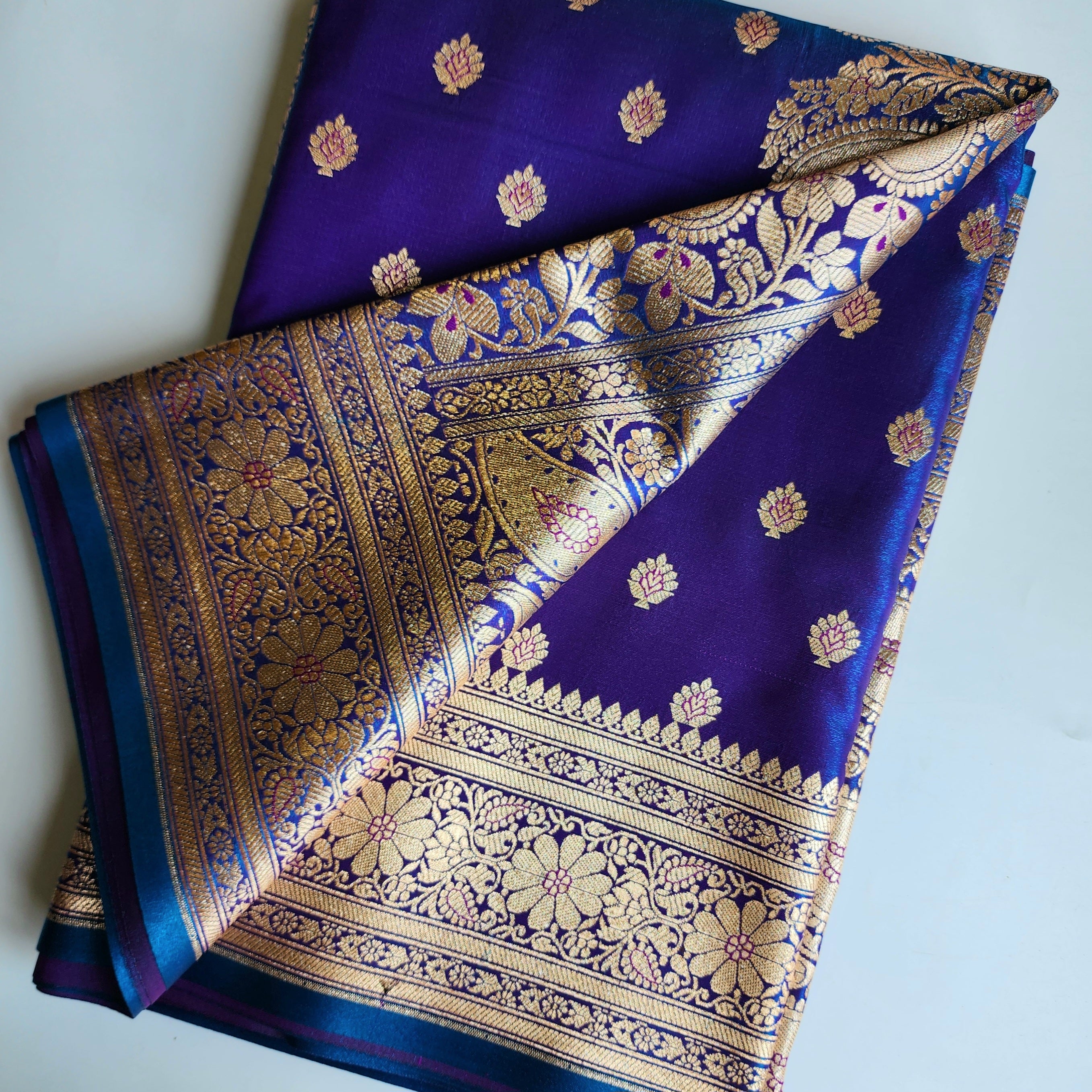 Royal Purple Blue Banarasi Silk Saree with Golden Zari Weave