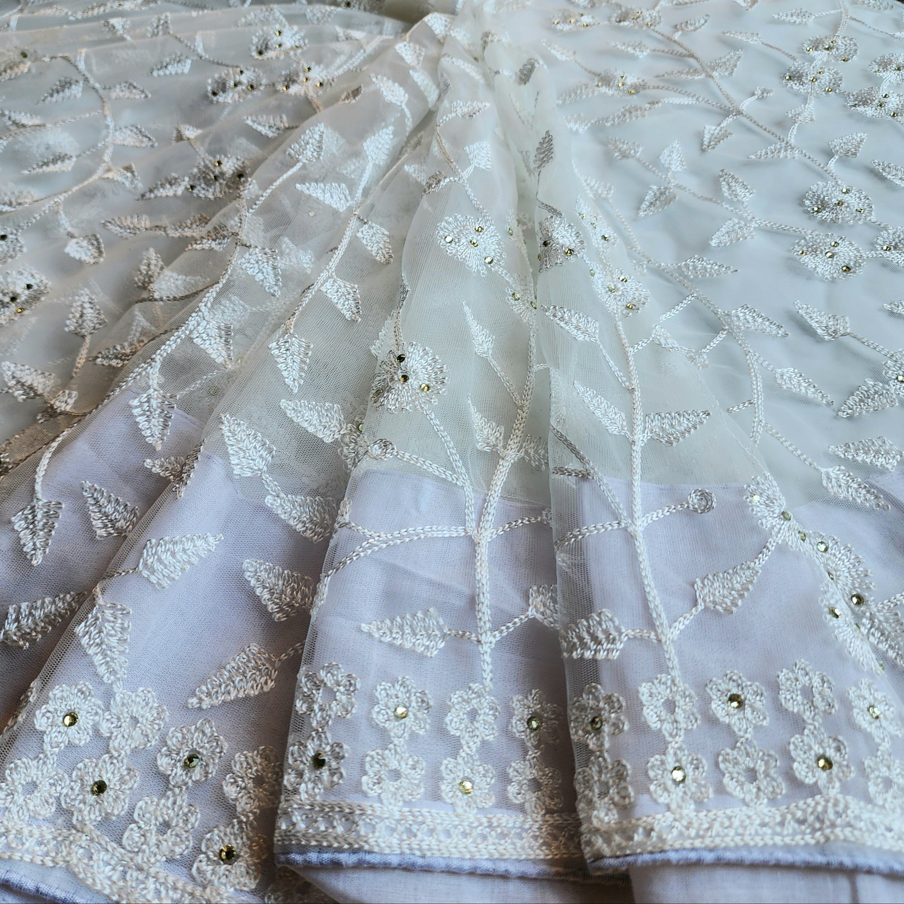 Embroidered Net Designer Saree in White