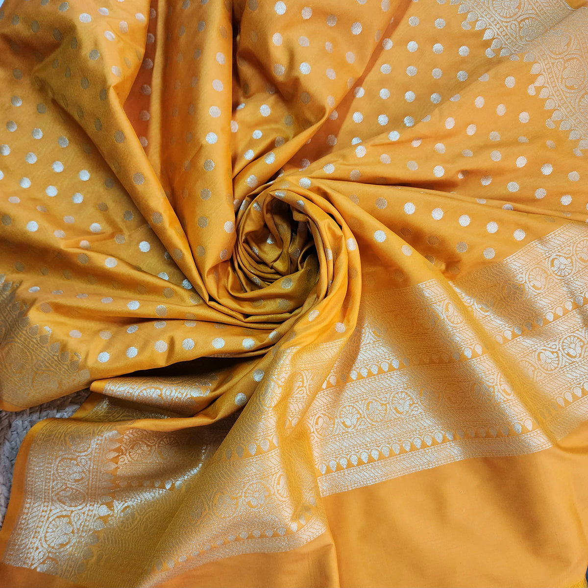 Mustard Yellow Banarasi Silk Dupatta with Gold Polka Dot