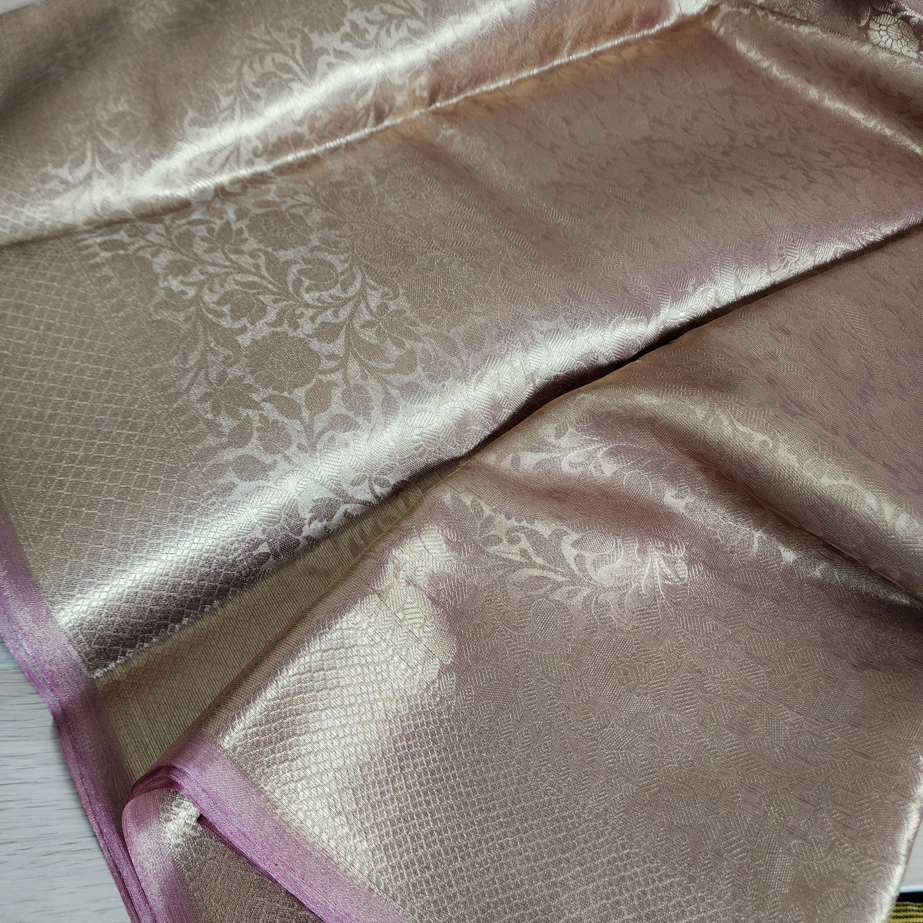 Temple Gold Kanjivaram Style Tissue Silk with Blush Pink Border