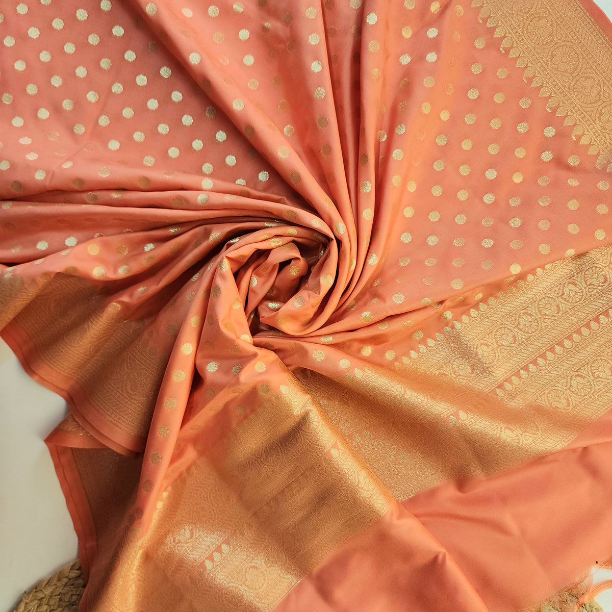 Coral Peach Banarasi Silk Dupatta with Gold Polka Dot