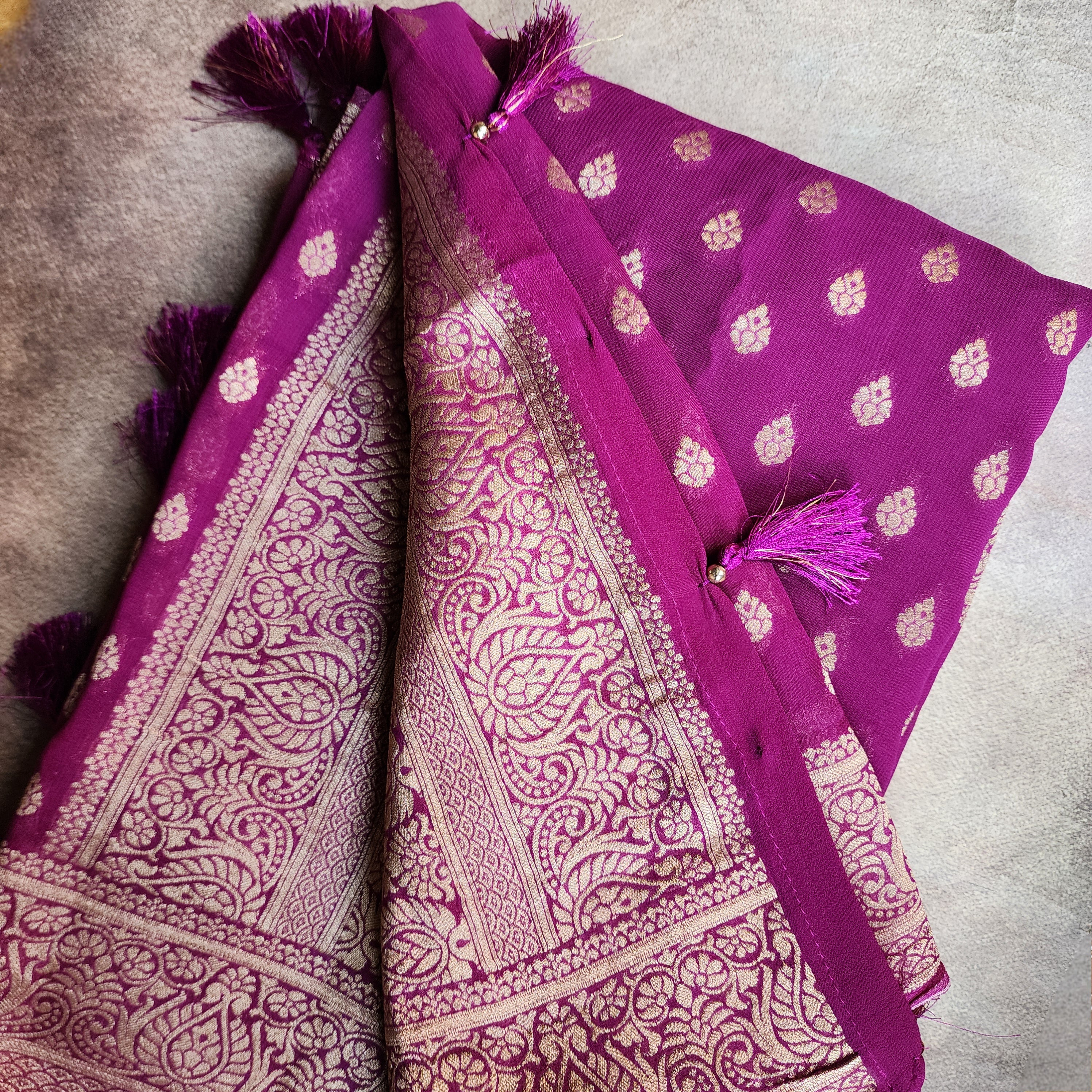 Aubergine Khaddi Georgette Pure Banarasi Saree with Golden Zari