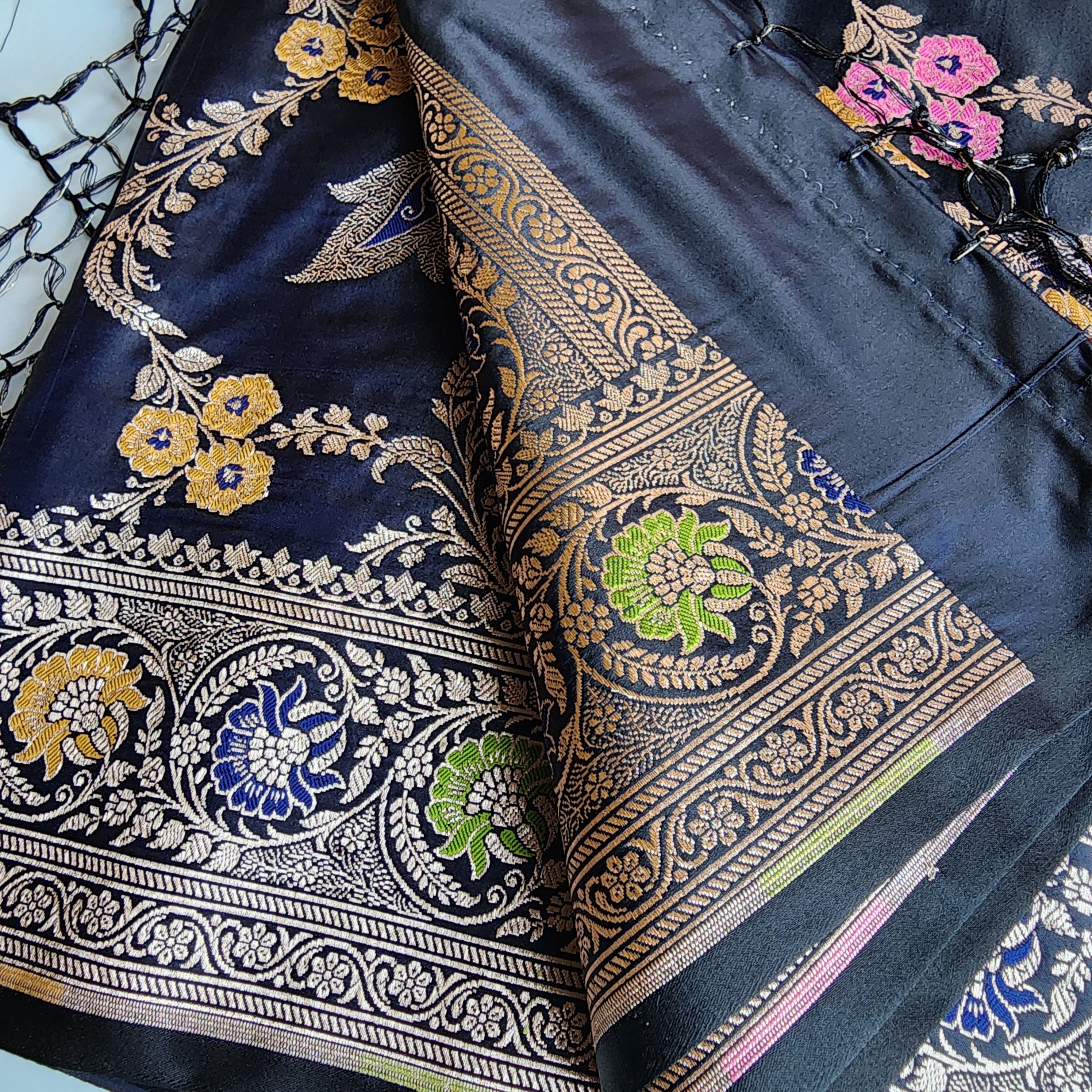 Enriched Midnight Blue Banarasi Katan Silk Saree with Multicolor Meenakari Floral Jaal