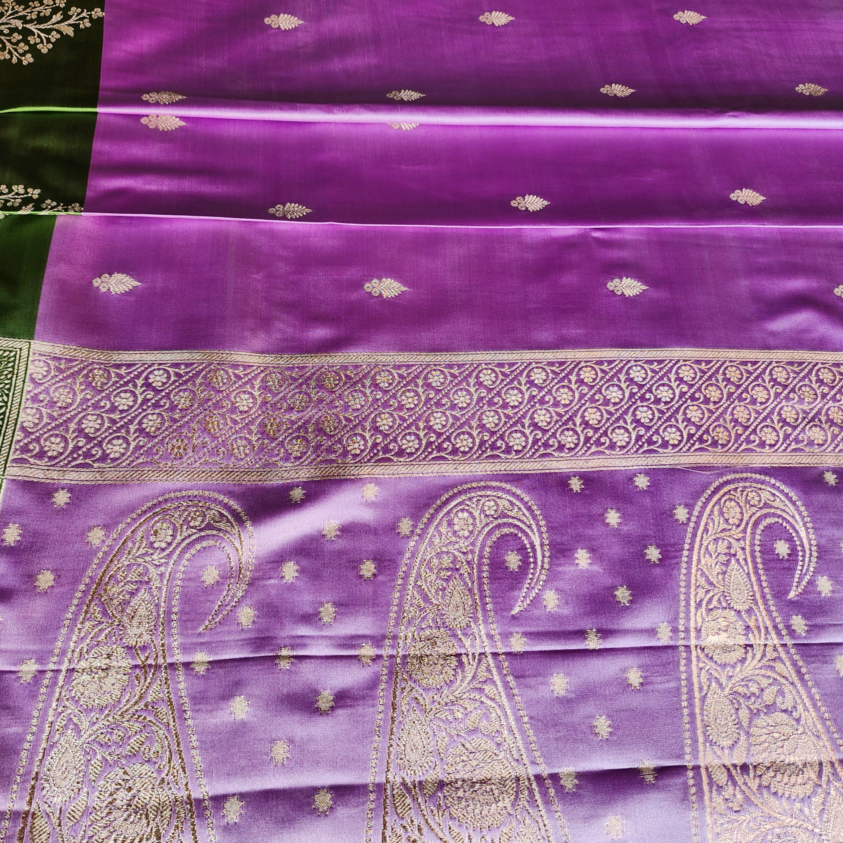Lavender Katan Silk Saree with Parrot Green Gold Zari Border