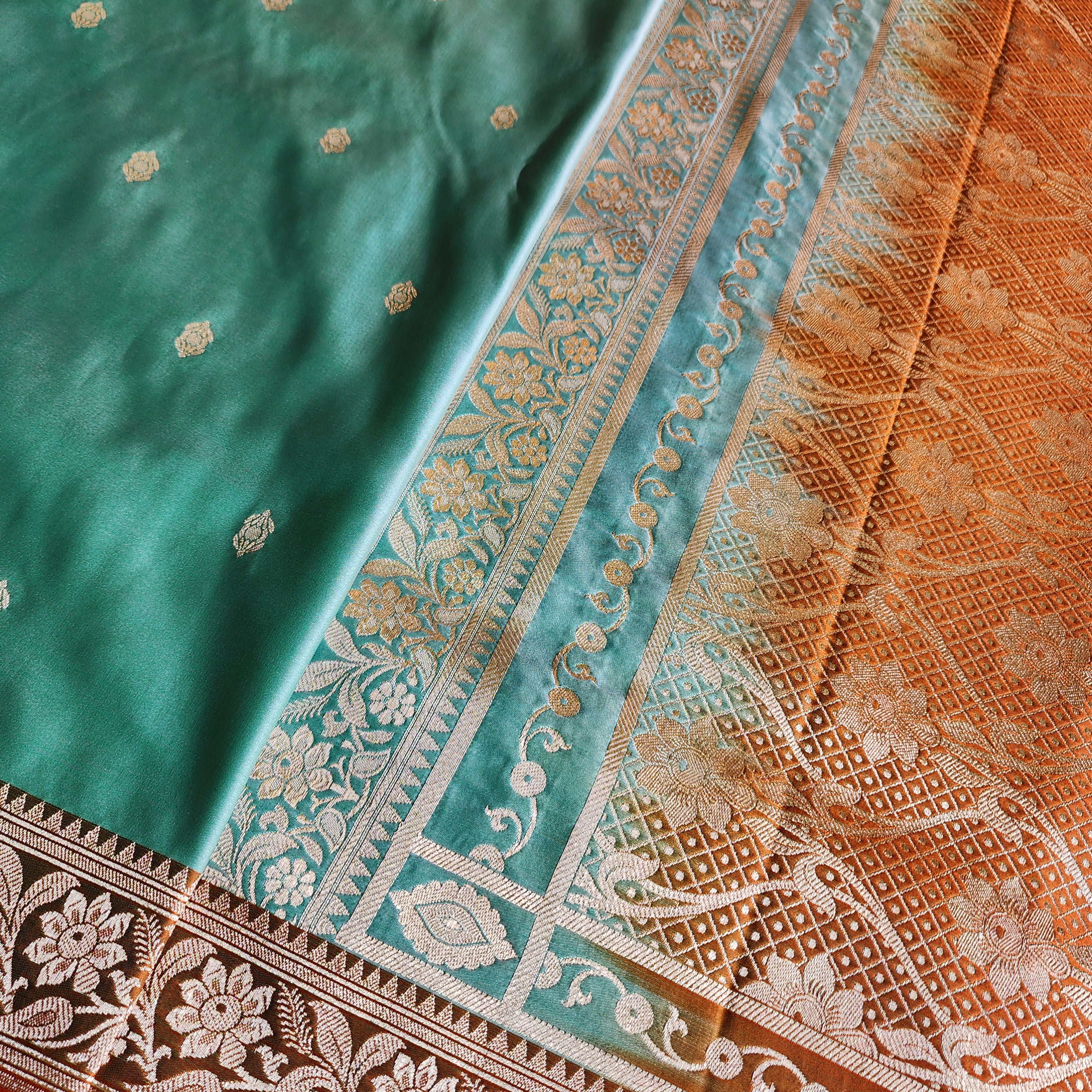 Aqua Katan Silk Saree with Rust and Gold Zari Border