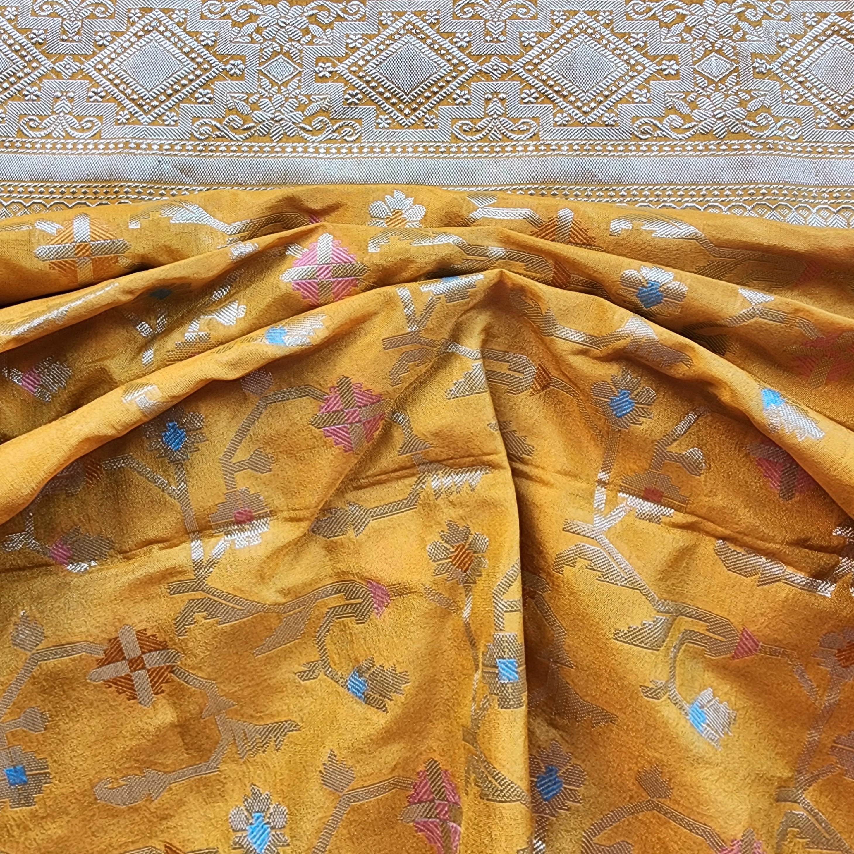 Golden Grid Banarasi Silk Dupatta with Meenakari Work in Mustard Yellow