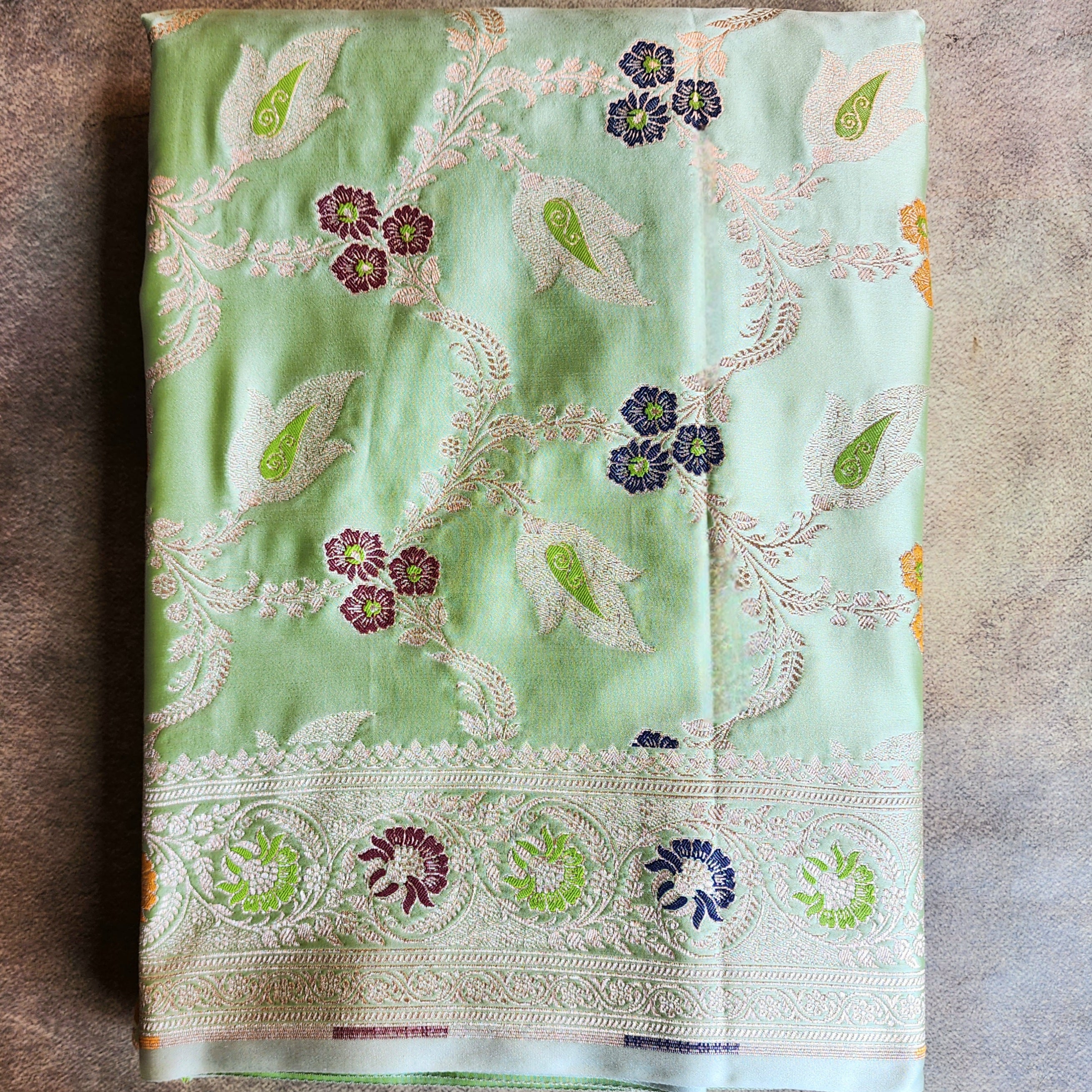 Enriched Green Banarasi Katan Silk Saree with Multicolor Meenakari Floral Jaal