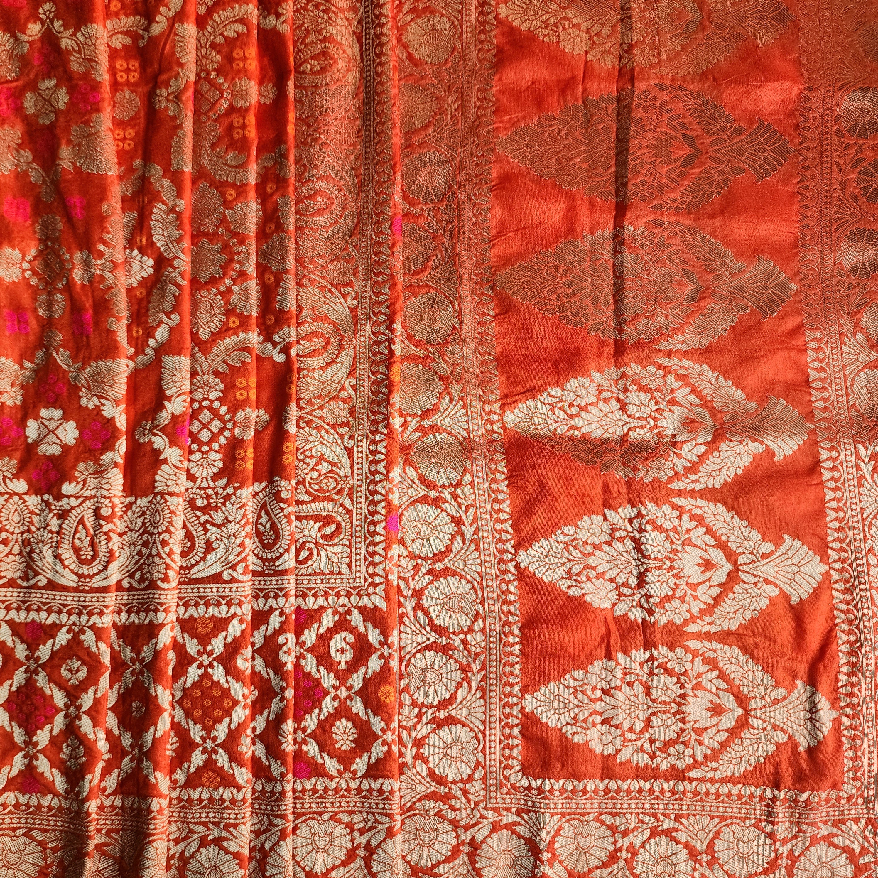 Burnt Orange Bandhani Dupatta with Floral and Geometric Zari Weave
