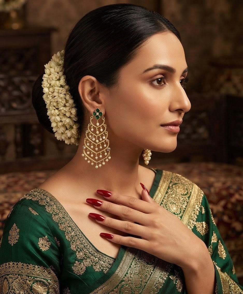 Multi-Arch Statement Earrings with Green Gem Studs