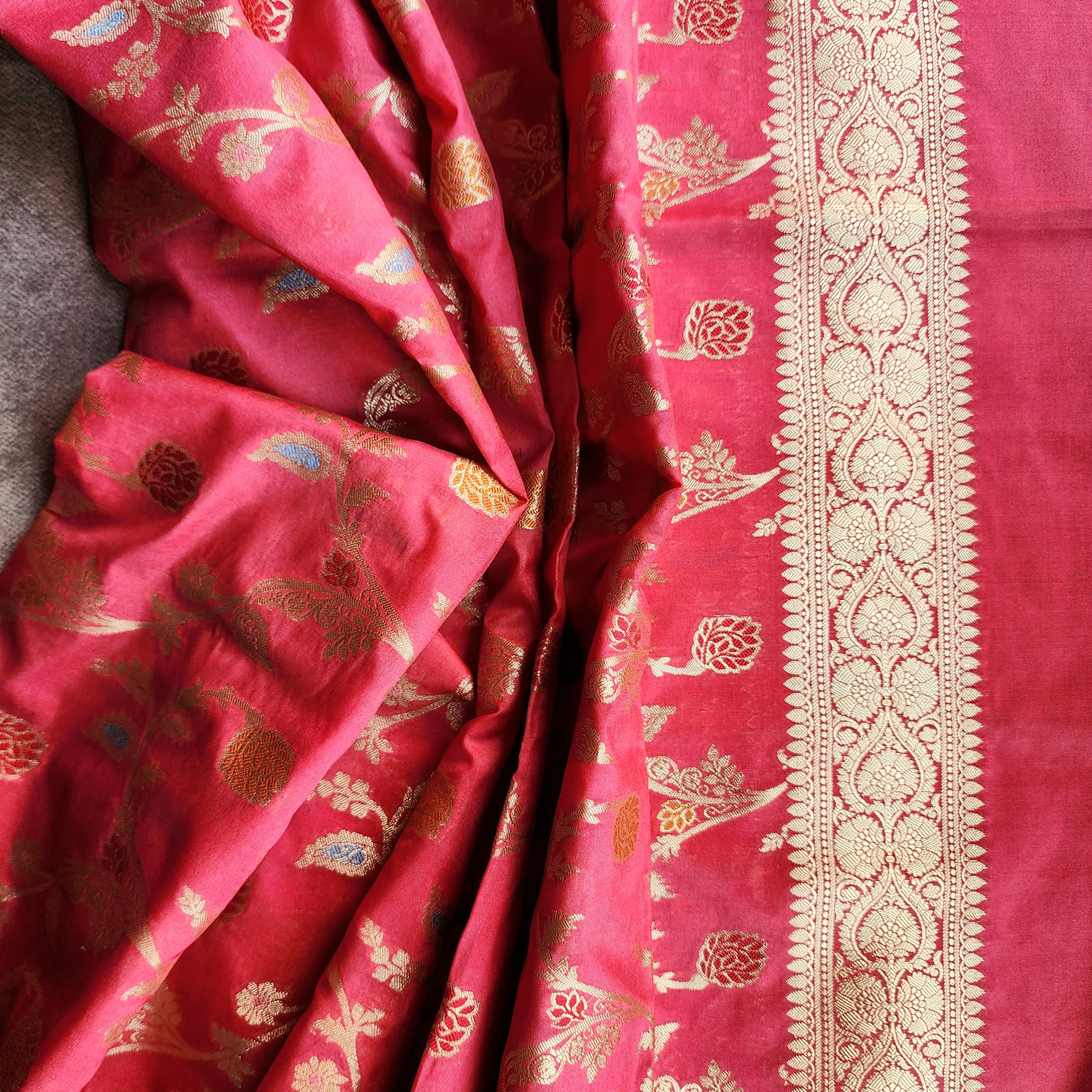 Rani Pink Banarasi Silk Dupatta with Gold Zari Border & Multicolor Meenakari Work