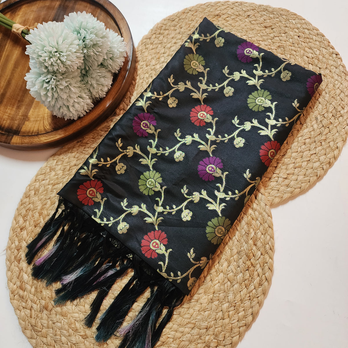 Banarasi Silk Floral Jaal Dupatta - Midnight