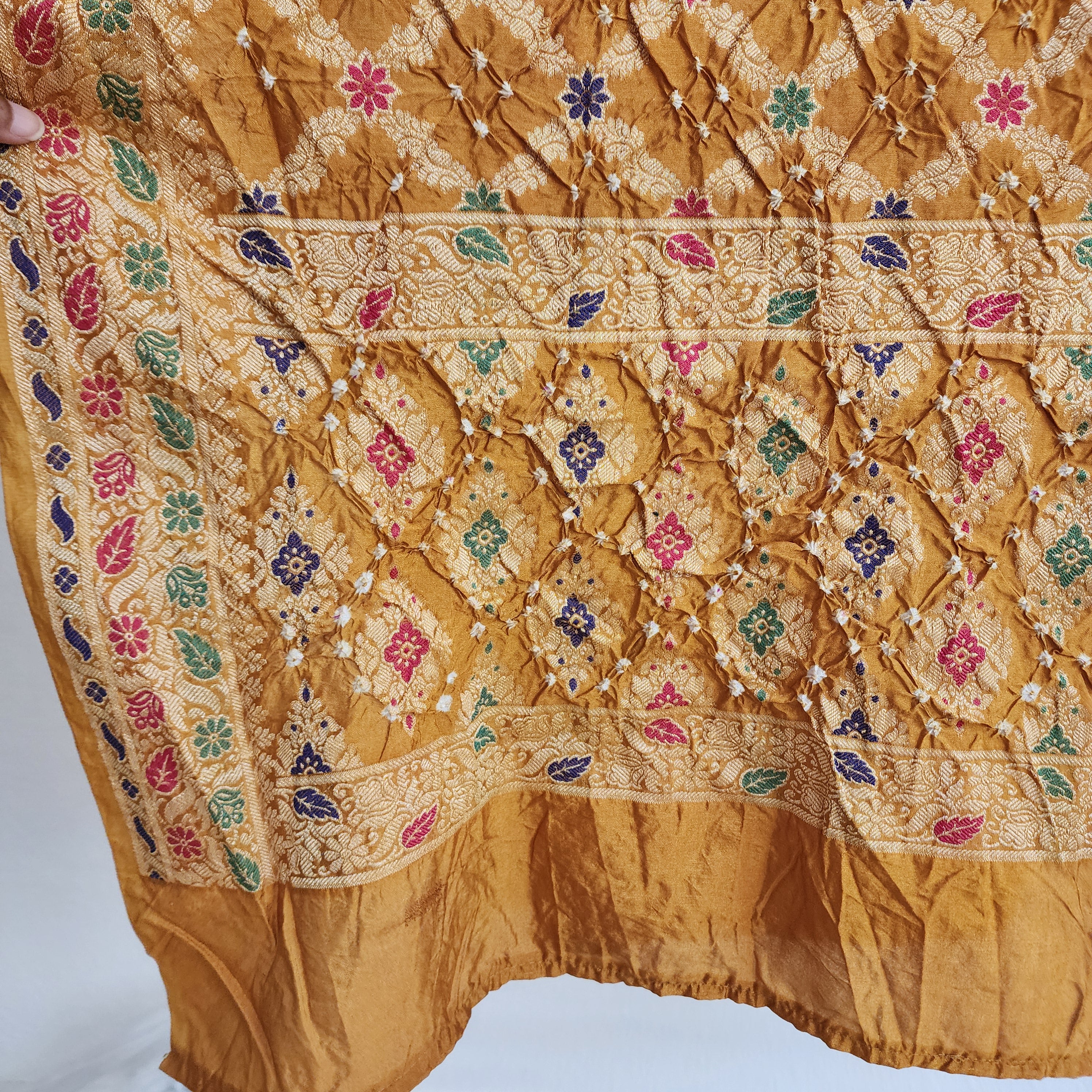 Mustard Yellow Bandhni dupatta with Banarasi Meenakari work